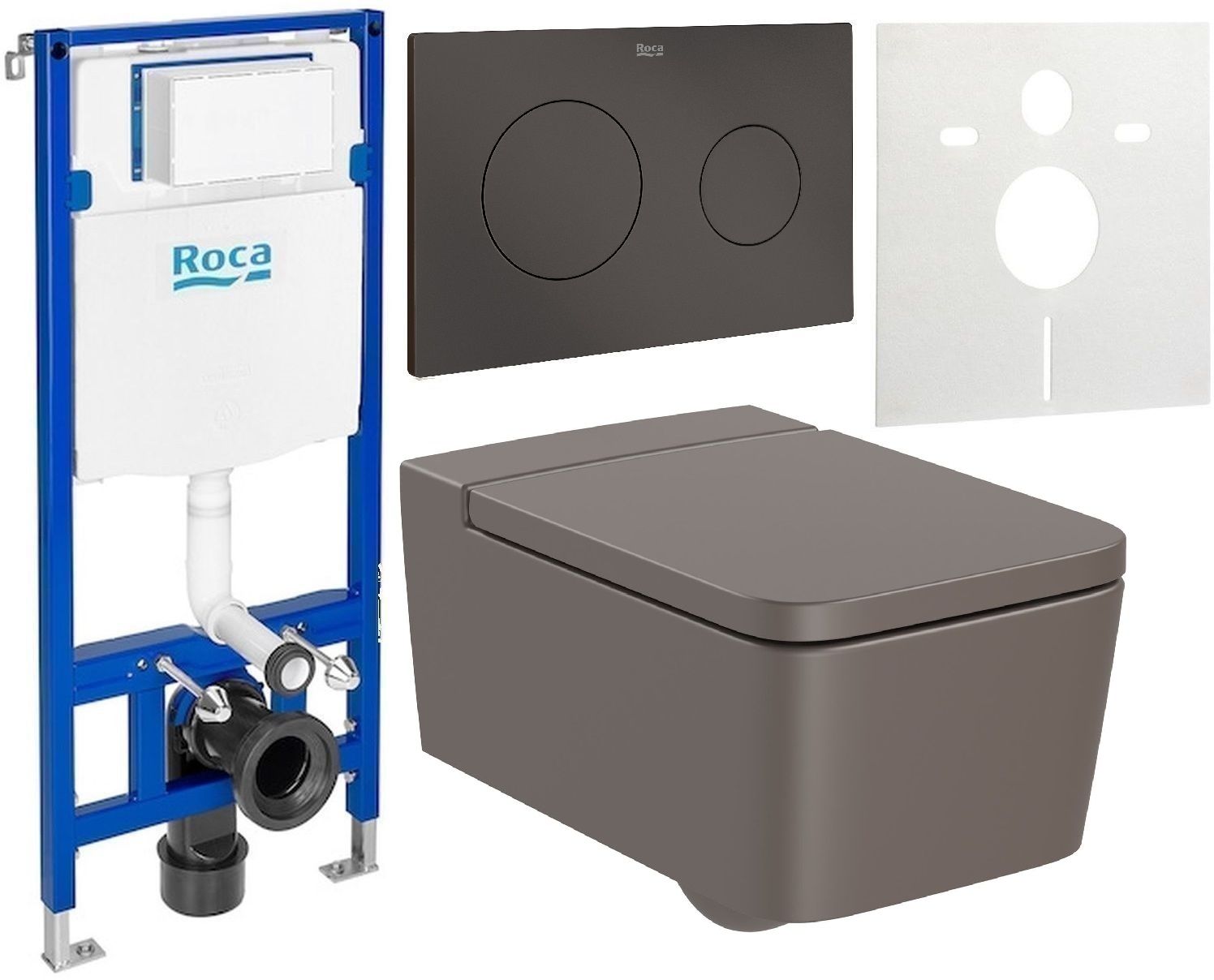 Zestaw Roca Inspira Square miska WC wisząca Rimless z deską sedesową wolnoopadającą i stelaż podtynkowy Duplo One z przyciskiem ...