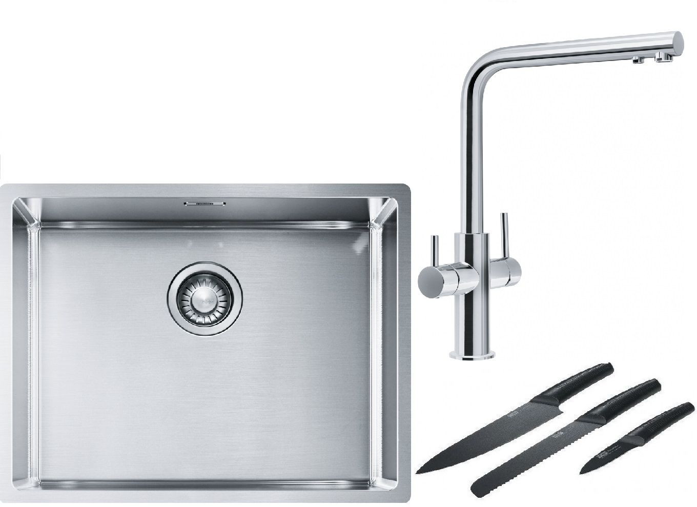 Franke Box BXX 110-54/ BXX 210-54 zlewozmywak 58x45 cm stalowy z baterią kuchenną Neptune Clear Water chrom i zestawem noży kuchennych ...