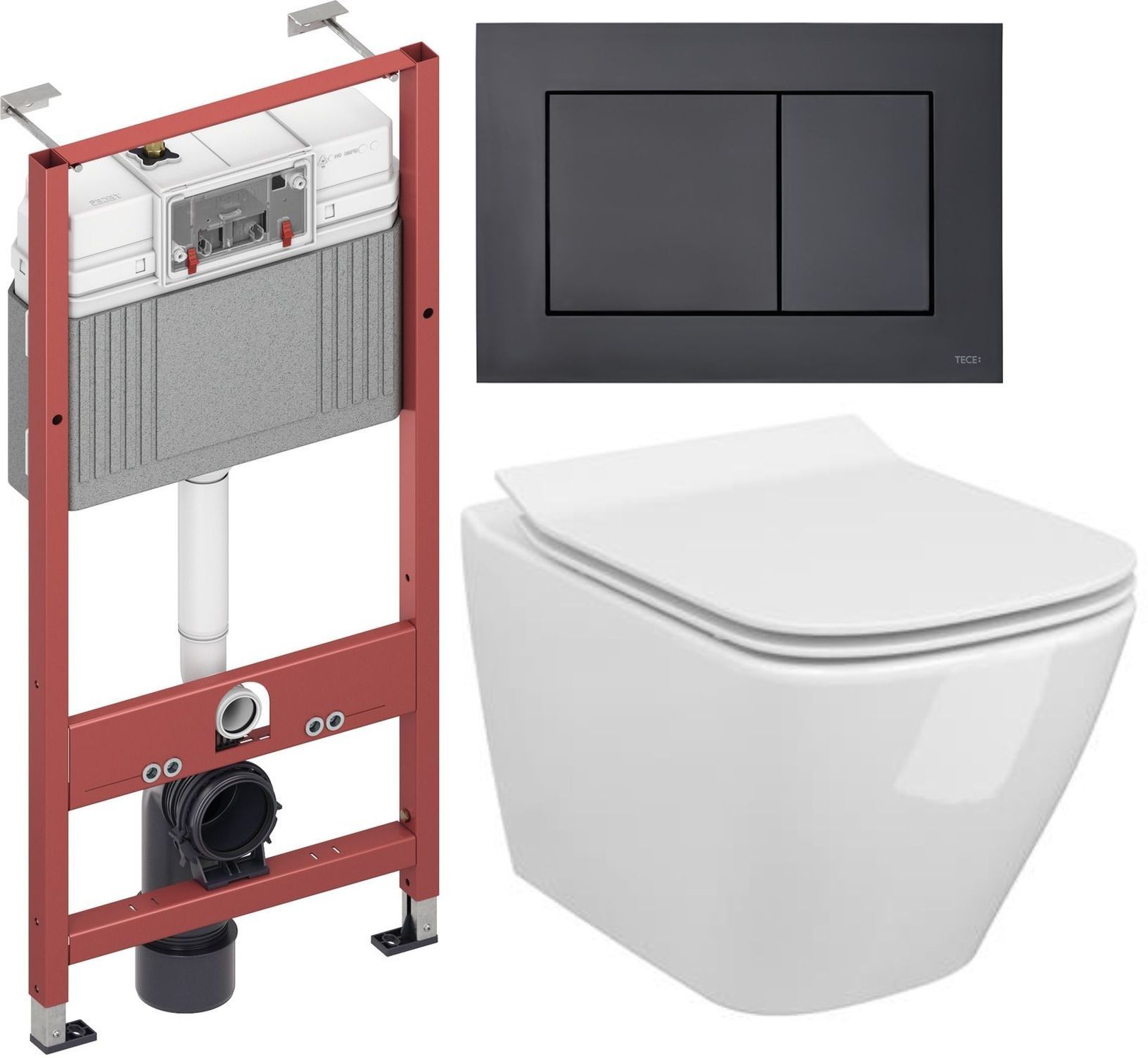 Zestaw Cersanit City Square miska WC Clean On z deską wolnoopadającą i stelaż podtynkowy Tece Base z przyciskiem spłukującym Now ...