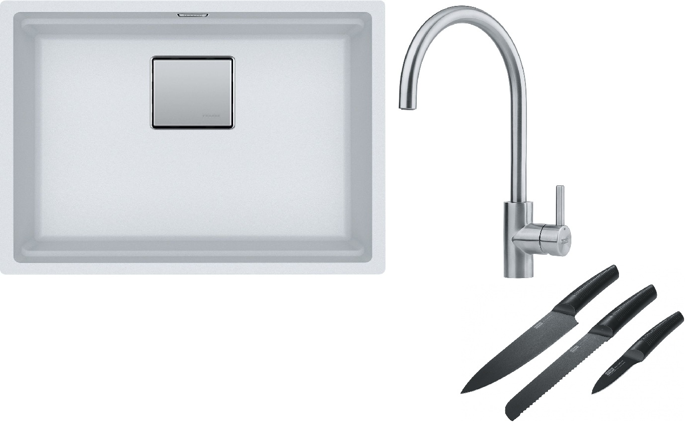 Franke Kanon KNG 110-52 zlewozmywak 52x42 cm Fragranite biały polarny z baterią kuchenną Eos Neo stal szlachetna i zestawem noży ... - Wysyłka w 24h