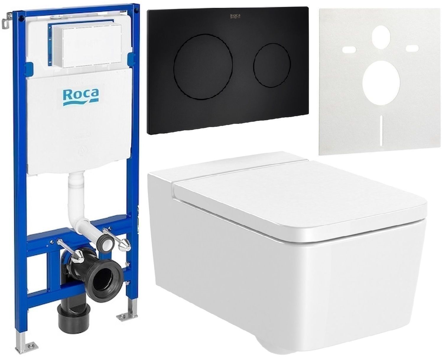 Zestaw Roca Inspira Square miska WC wisząca Rimless z deską sedesową wolnoopadającą i stelaż podtynkowy Duplo One z przyciskiem ...