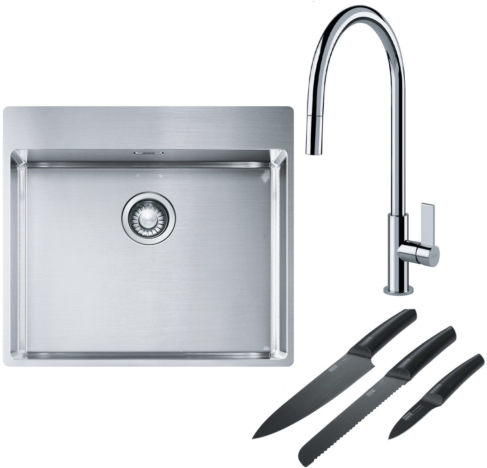 Franke Box BXX 210-54 TL zlewozmywak 57x51 cm stalowy z baterią kuchenną Ambient chrom i zestawem noży kuchennych (1270369295, ...