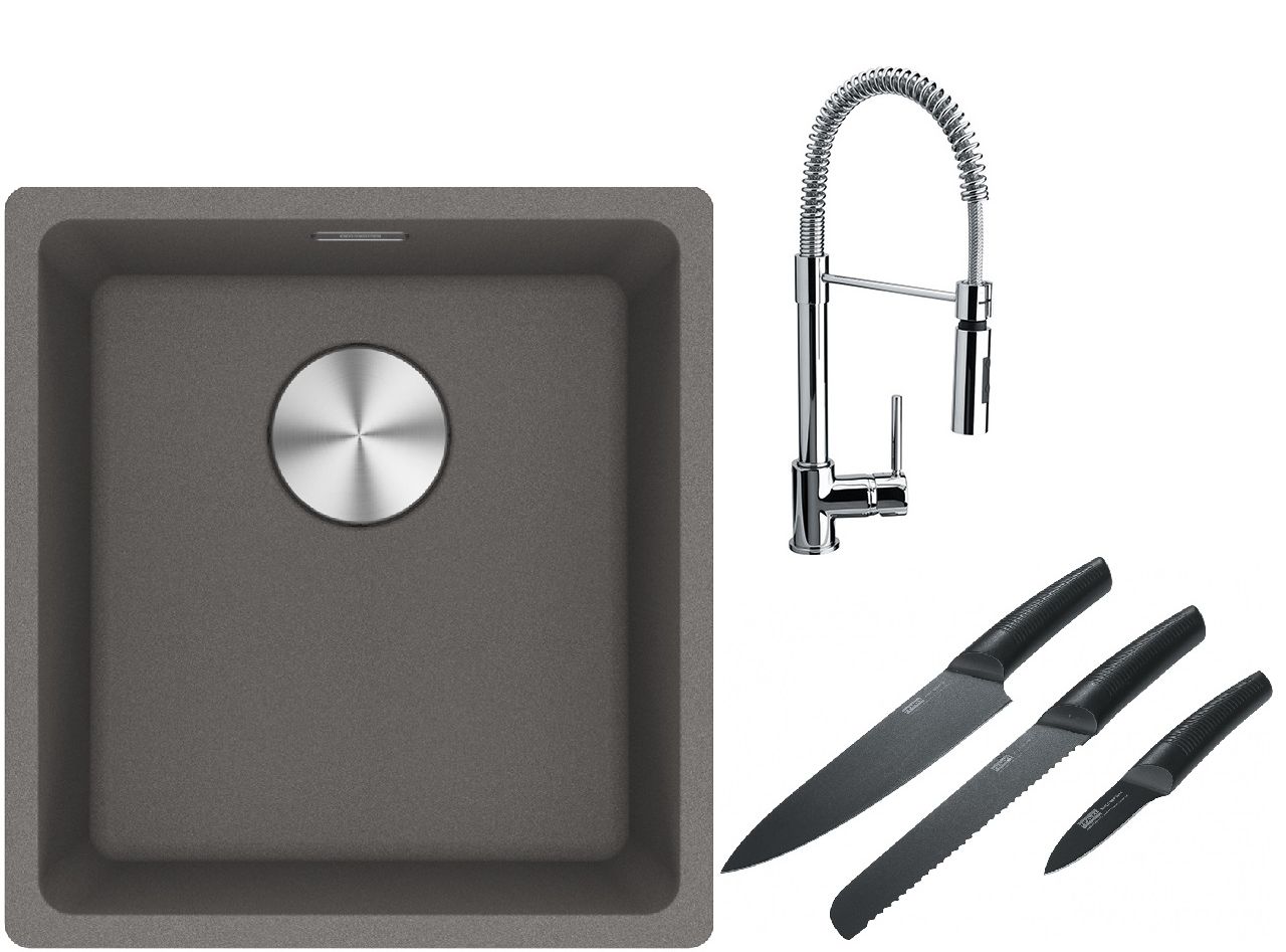 Franke Maris MRG 110-37 zlewozmywak 40x37 cm Fragranite kamienny szary z baterią kuchenną Coxy chrom i zestawem noży kuchennych ...