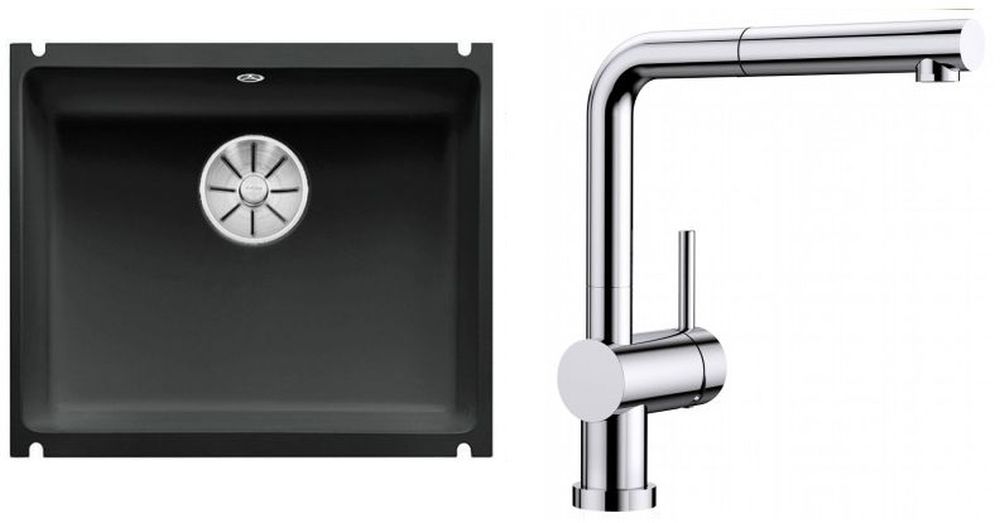 Zestaw Blanco Subline 500-U zlewozmywak ceramiczny czarny z baterią kuchenną Linus-S-F chrom (523740, 514023)