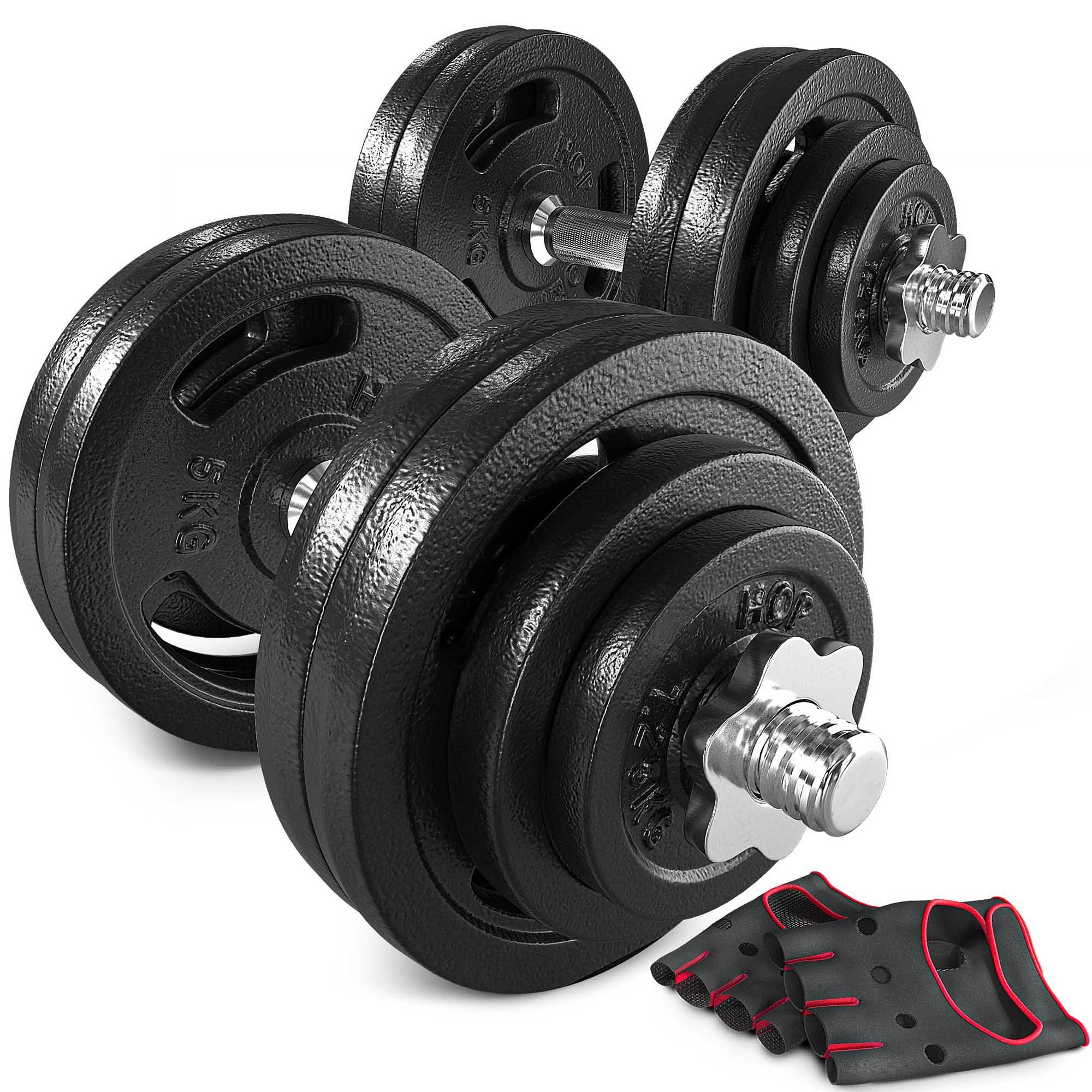 Hantle żeliwne strong Hop-Sport 2x30kg z rękawiczkami