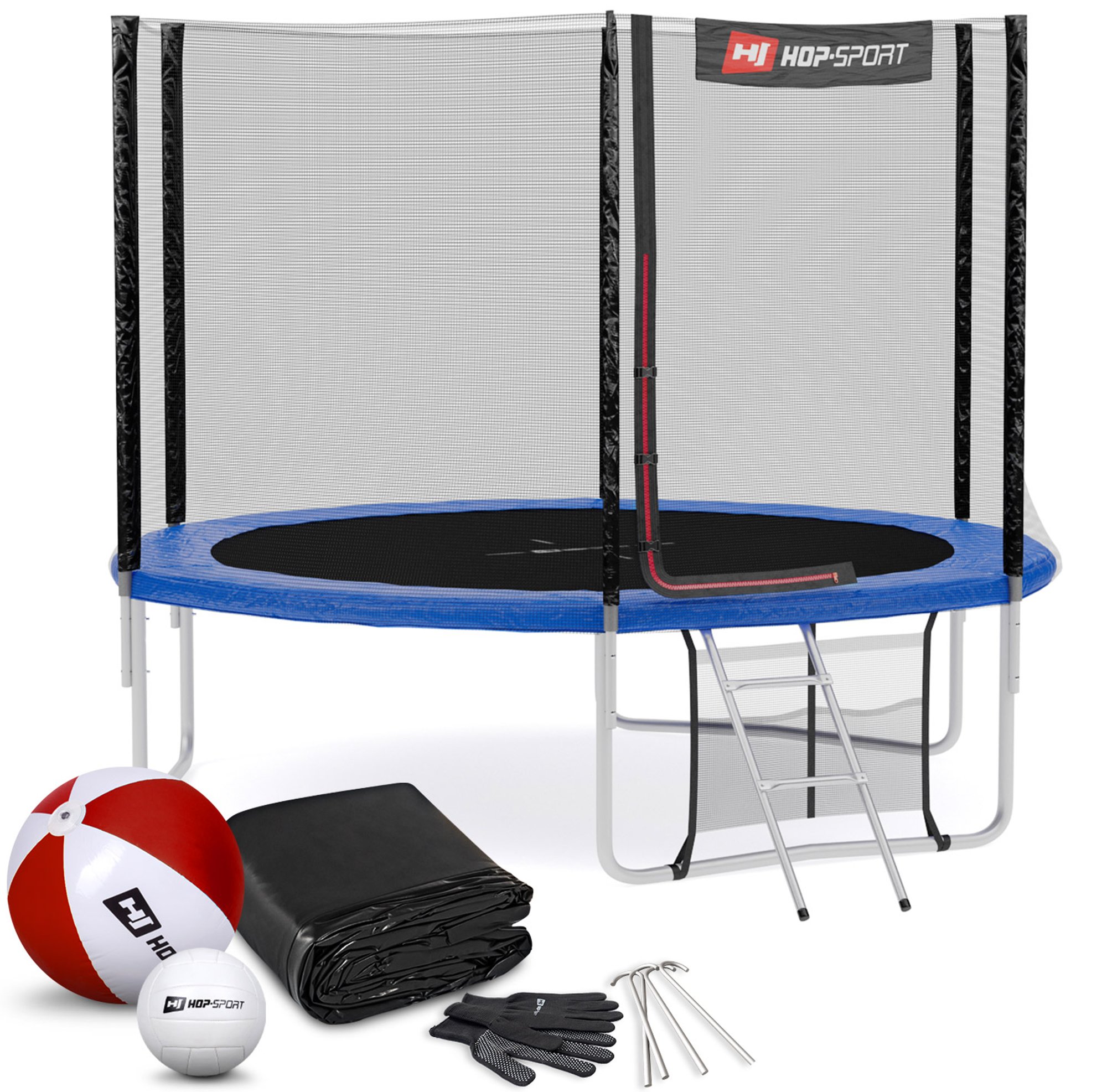 Trampolina Hop-Sport 10ft (305cm) niebieska z siatką zewnętrzną - 3 nogi
