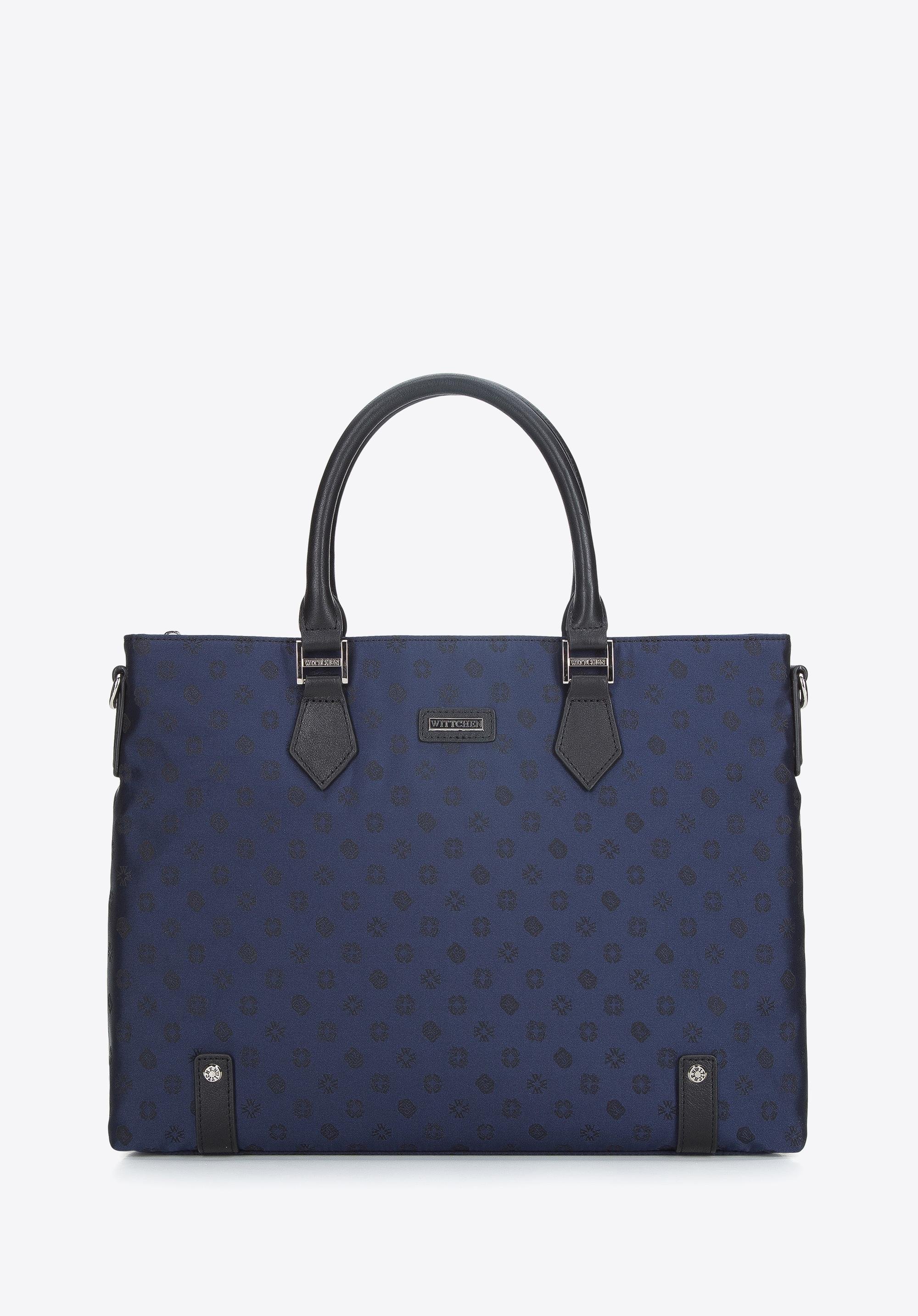 Damska torba na laptopa 12” z żakardu z opaskami ze skóry granatowa