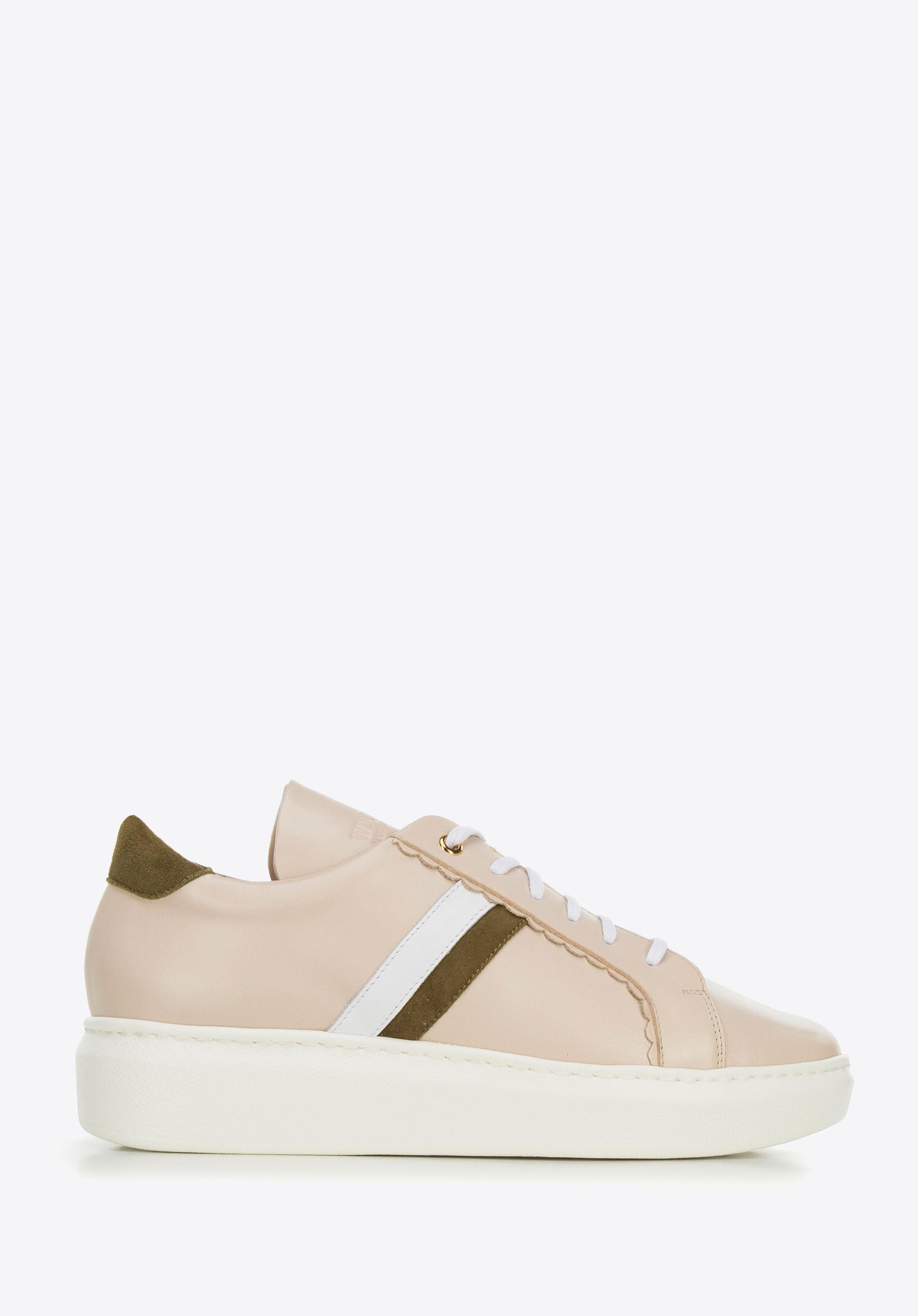 Damskie sneakersy skórzane z falbanką beżowe