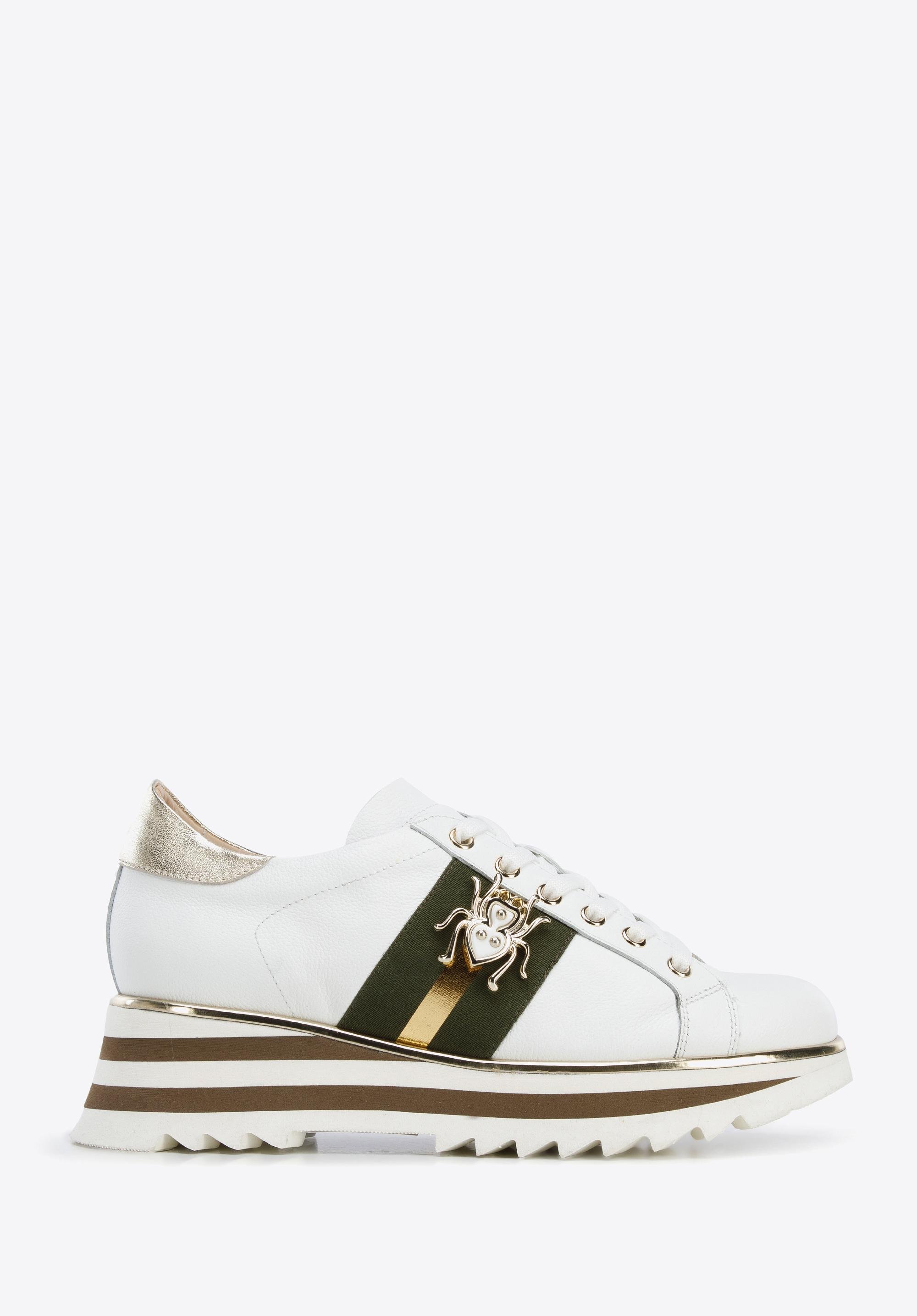Damskie sneakersy skórzane z owadem biało-zielone