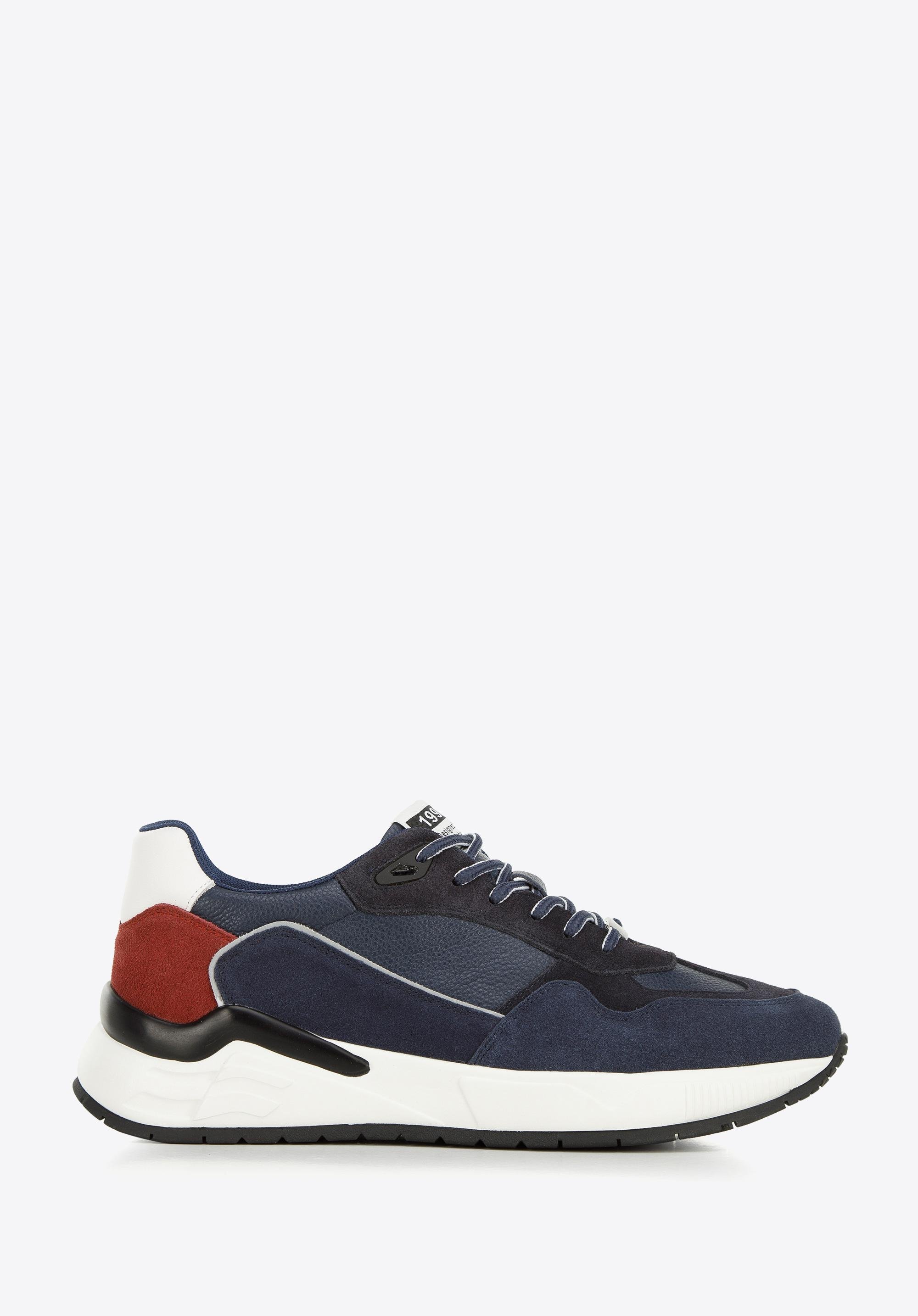 Męskie sneakersy skórzane z motywem w jodełkę niebiesko-czerwone