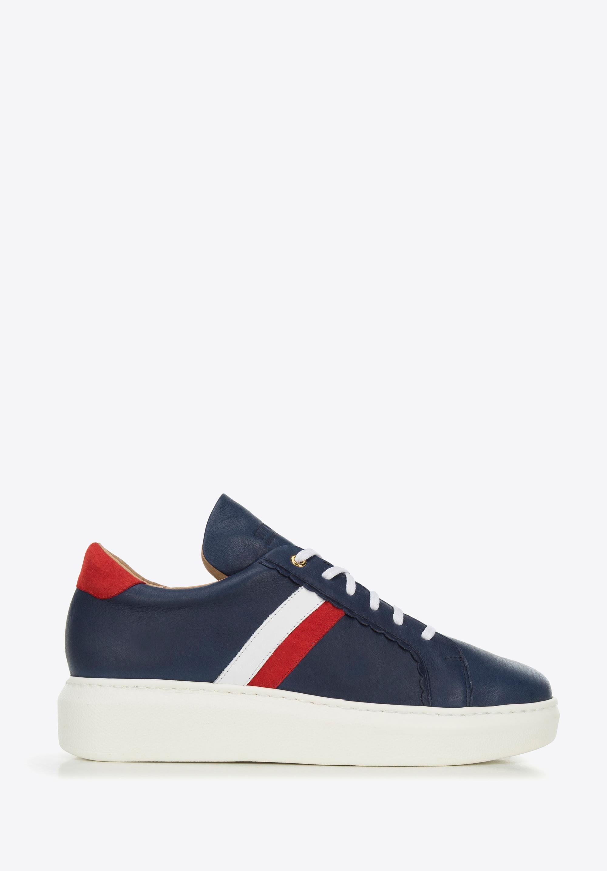Damskie sneakersy skórzane z falbanką granatowe