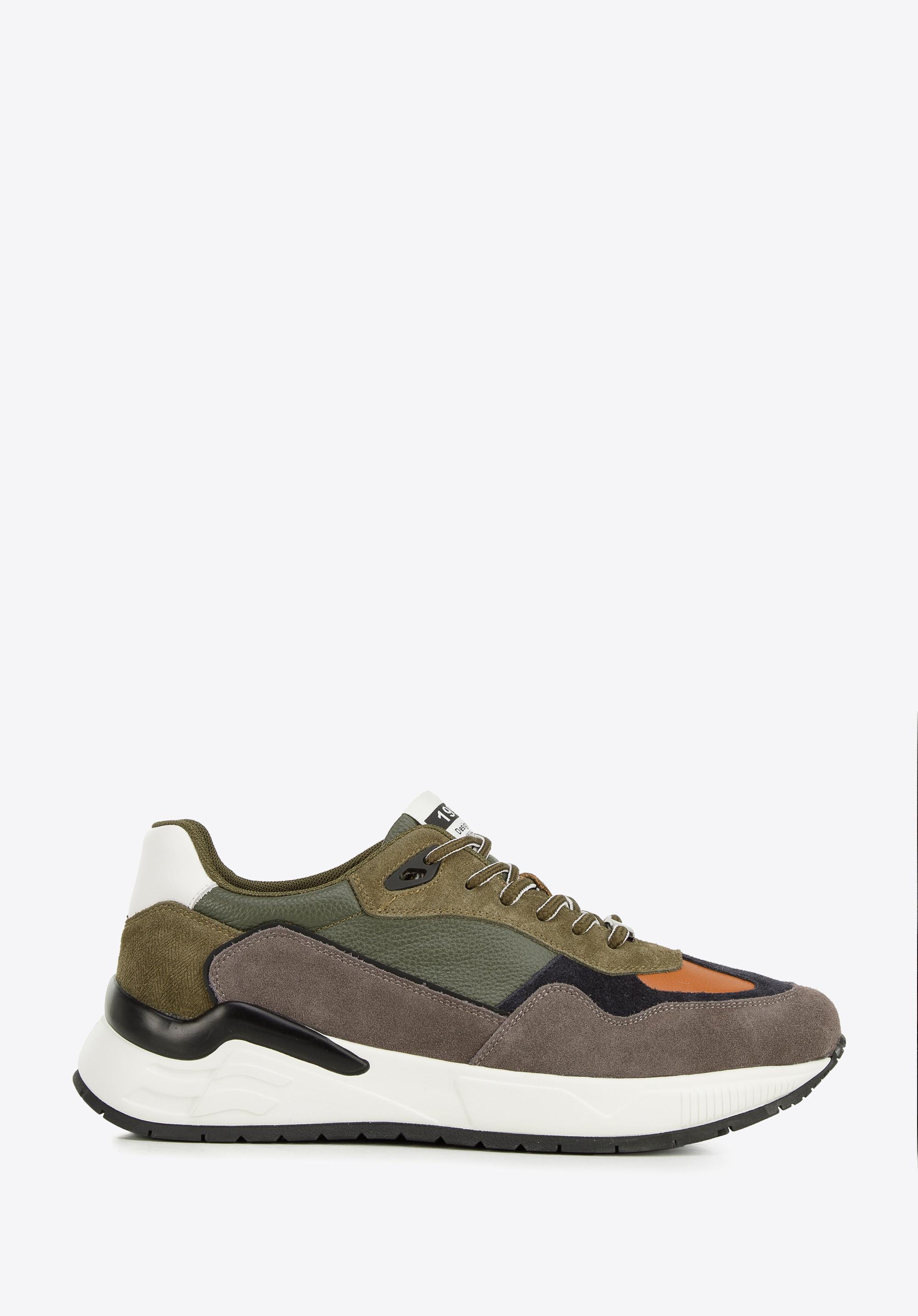 Męskie sneakersy skórzane z motywem w jodełkę zielono-szare