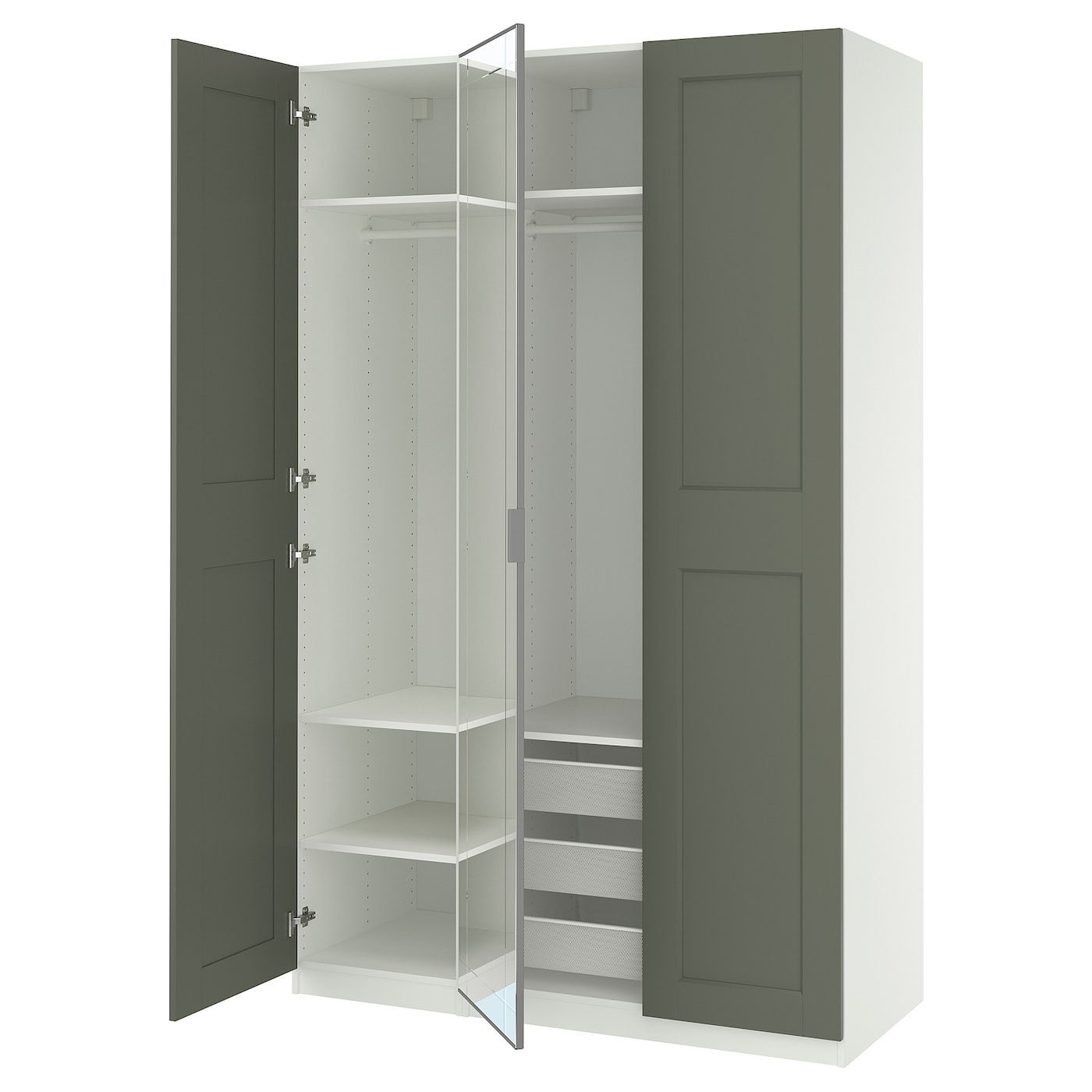 IKEA PAX / KAMMARTORP/GRIMO kombinacja szafy, biały lustro/szary szarozielony, 150x60x236 cm