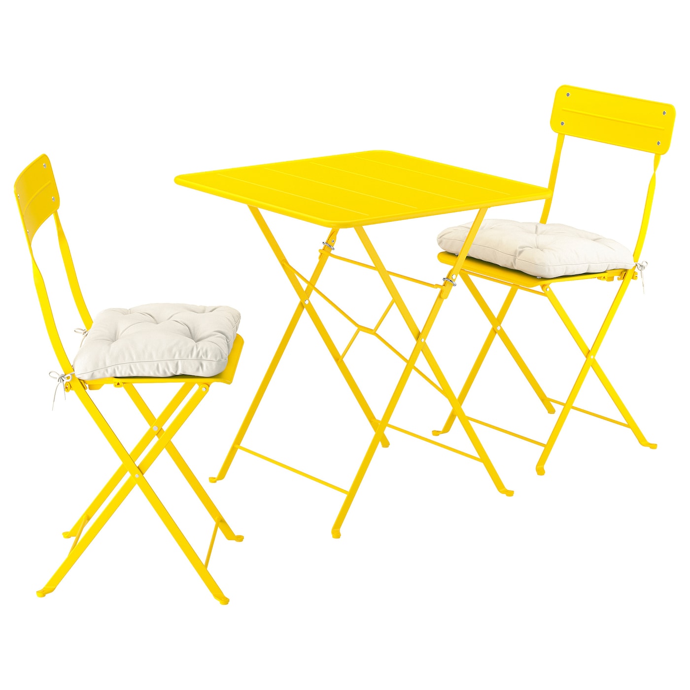 IKEA SUNDSÖ stół i 2 składane krzesła, zewnętrzne jaskrawożółty/jaskrawożółty Kuddarna jasny szarobeżowy, 65x65 cm