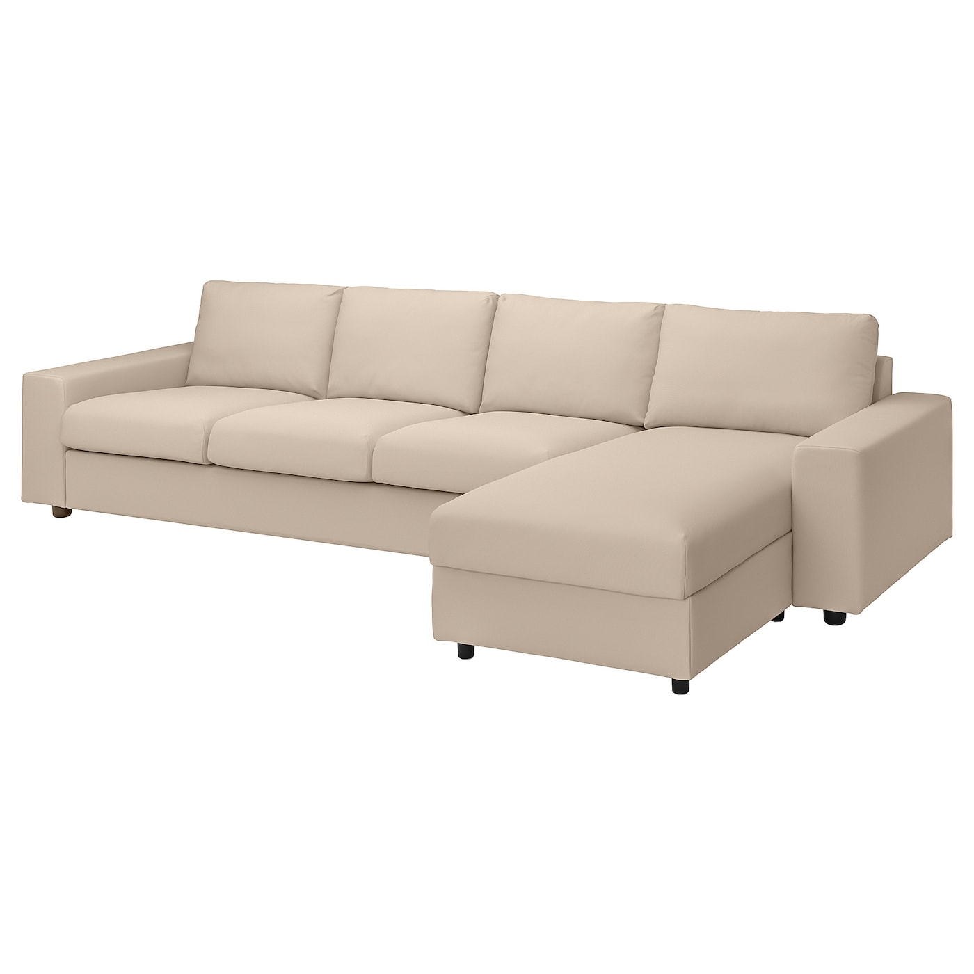 IKEA VIMLE sofa 4-osobowa z szezlongiem, z szerokimi podłokietnikami/Hallarp beżowy, Wysokość z poduchami oparcia: 83 cm