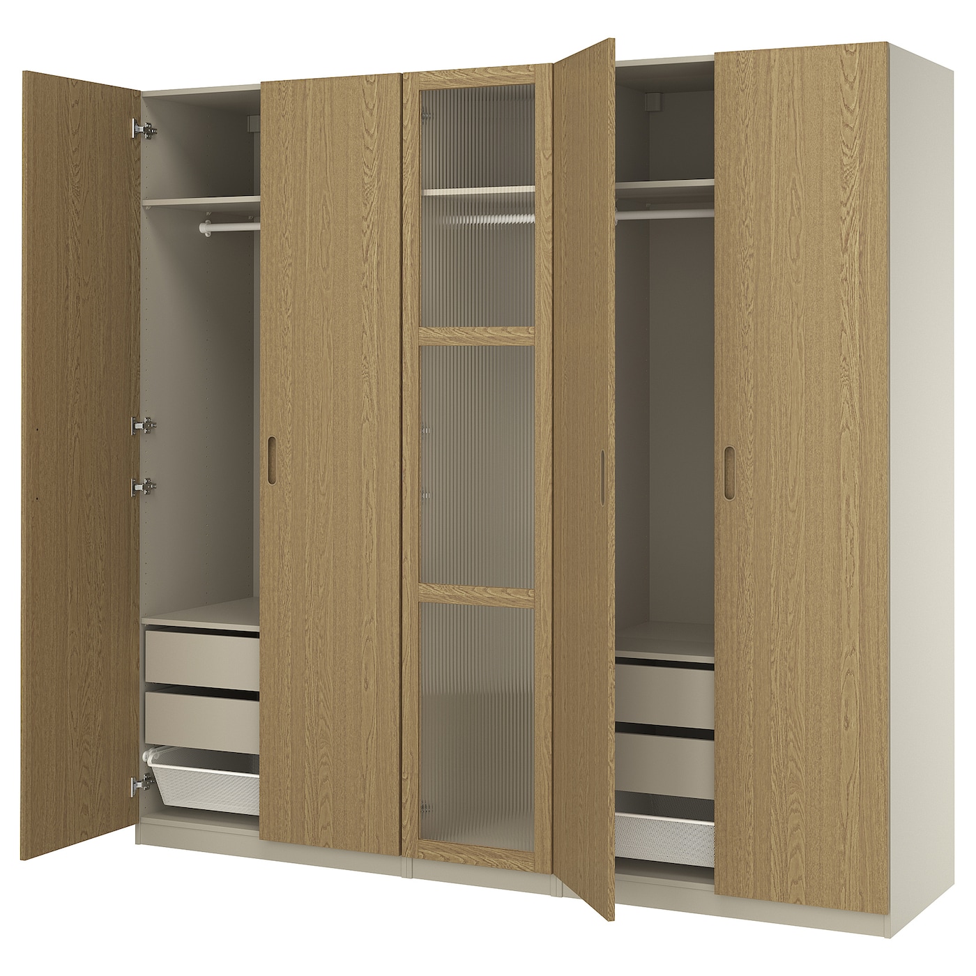 IKEA PAX / TONSTAD kombinacja szafy, szarobeżowy/okl dęb szkło, 250x60x236 cm