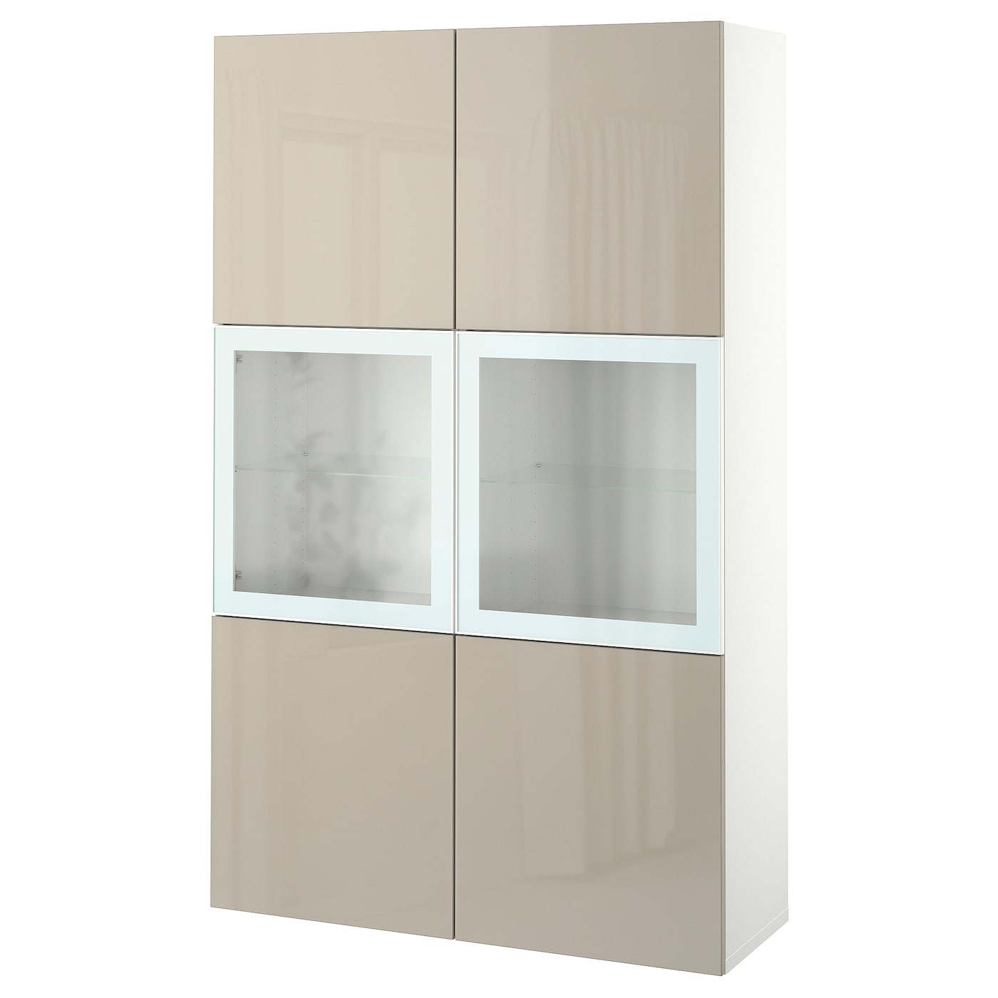 IKEA BESTÅ regał/szklane drzwi, biały/Selsviken wysoki połysk/ beż szkło bezbarwne, 120x42x193 cm
