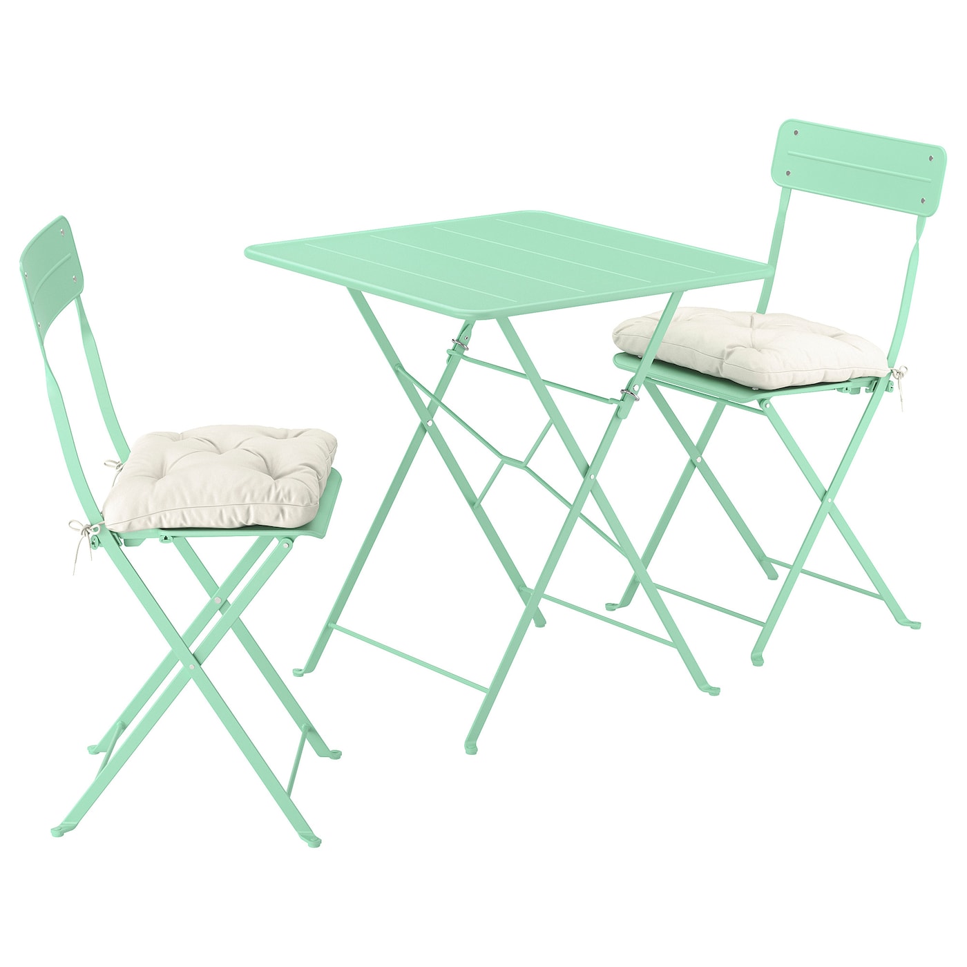 IKEA SUNDSÖ stół i 2 składane krzesła, zewnętrzne jasnozielony/jasnozielony Kuddarna jasny szarobeżowy, 65x65 cm