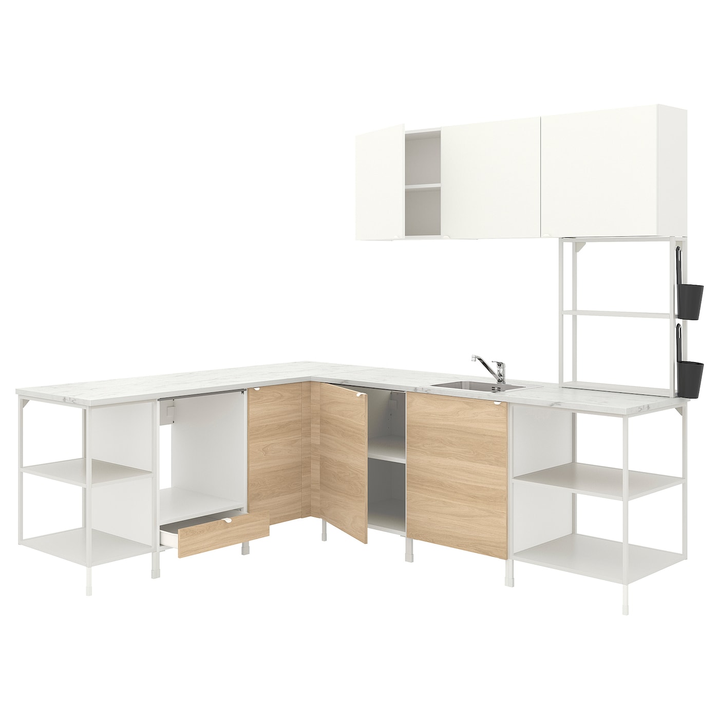 IKEA ENHET kuchnia narożna, biały/imit. dębu biały, Wysokość szafka wisząca: 135 cm