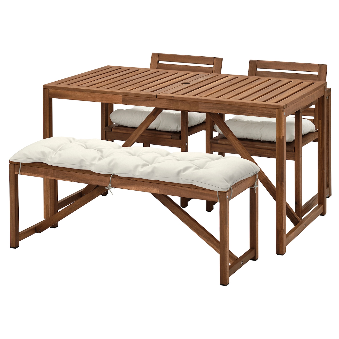 IKEA NÄMMARÖ stół+2 krzesła+ława, na zewnątrz, Nämmarö bejca jasnobrązowa/Kuddarna jasny szarobeżowy, 140x75 cm