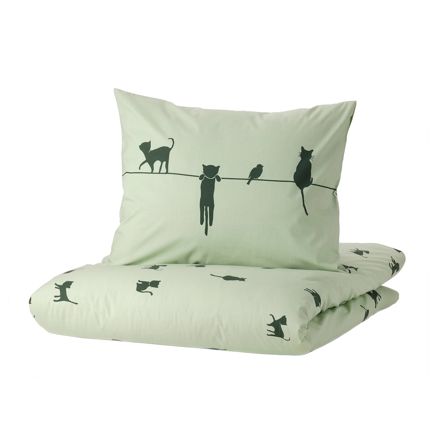 IKEA BARNDRÖM poszwa na kołdrę i poszewka, wzór w koty/zielony, 150x200/50x60 cm