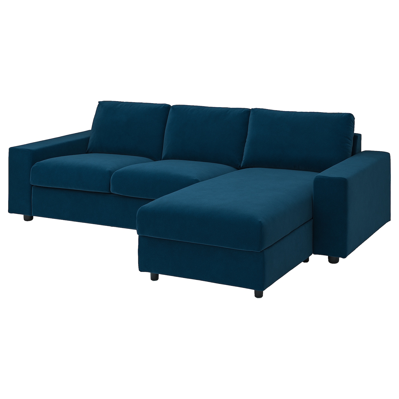 IKEA VIMLE sofa 3-osobowa z szezlongiem, z szerokimi podłokietnikami/Djuparp ciemnozielononiebieski, Wysokość z poduchami oparcia: 83 cm