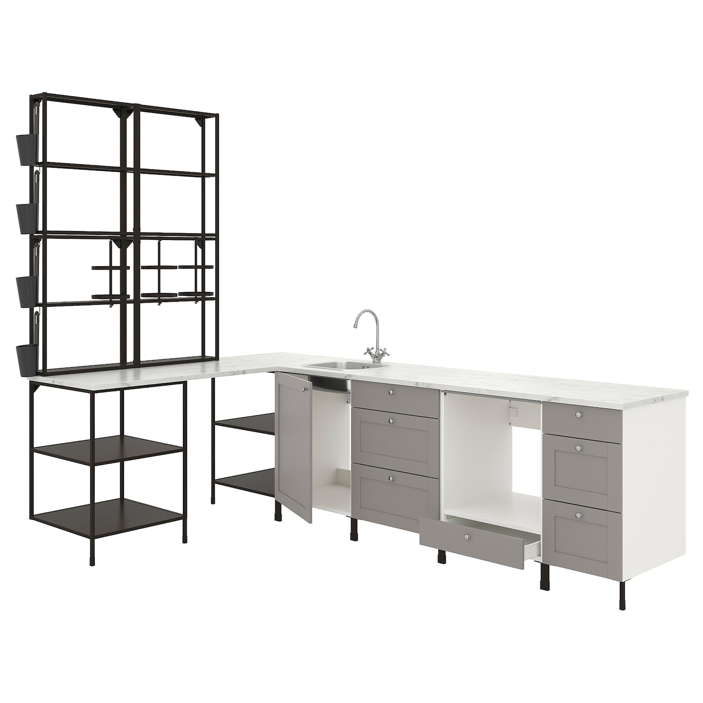 IKEA ENHET kuchnia narożna, antracyt/szary rama, Wysokość szafka wisząca: 150 cm