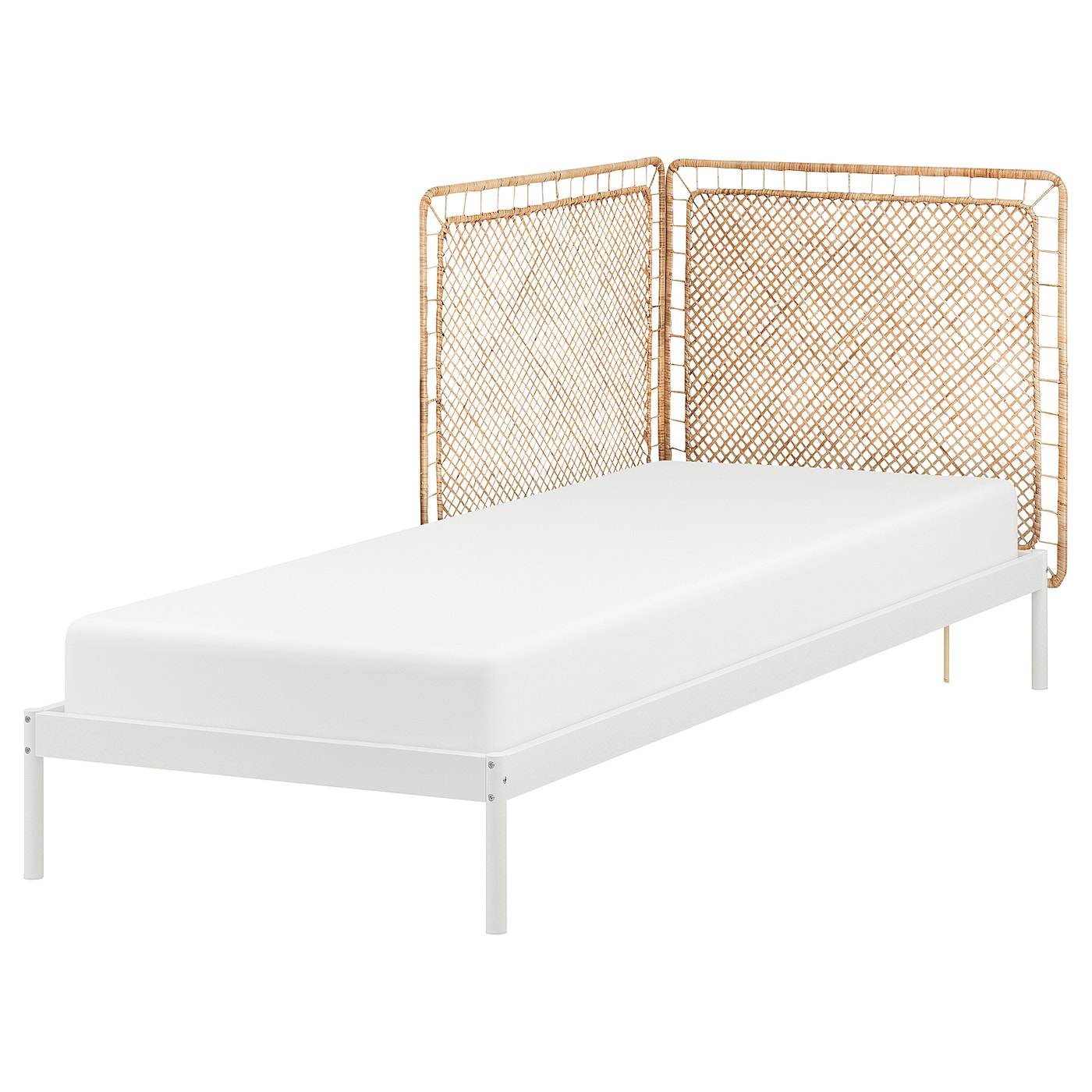 IKEA VEVELSTAD rama łóżka z 2 zagłówkami, biały/Tolkning rattan, 90x200 cm