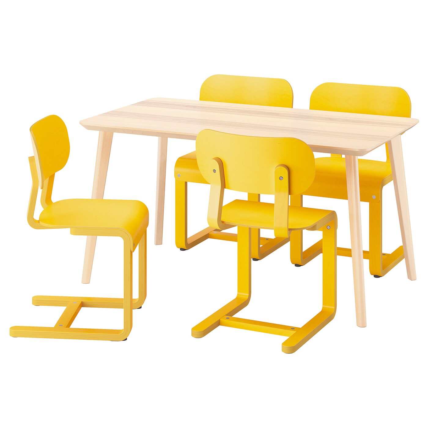 IKEA LISABO / LYCKAN stół i 4 krzesła, okleina jesionowa/żółty okl brzoz, 140x78 cm