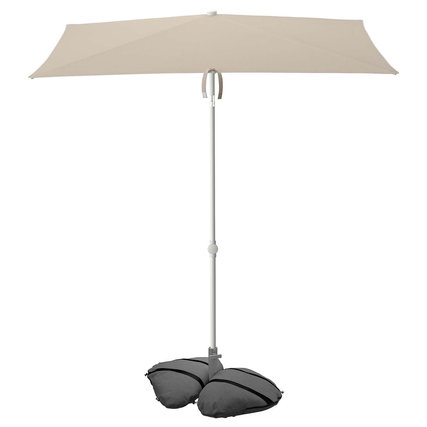 IKEA TVETÖ / IGGÖN parasol z podstawą, z nachyleniem szarobeżowy/biały ciemnoszary, 180x145 cm