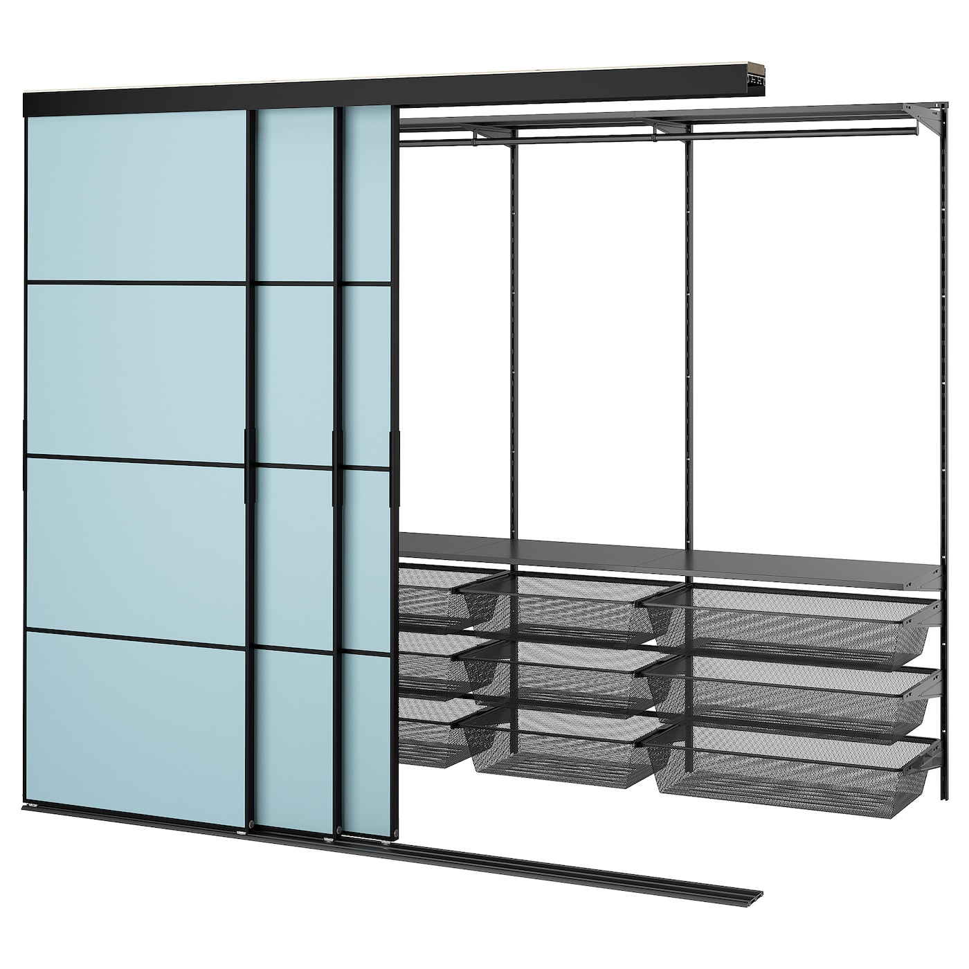 IKEA SKYTTA / BOAXEL garderoba z drzwiami przesuwnymi, czarny metal/Mehamn jasnoniebieski, 251x115x205 cm