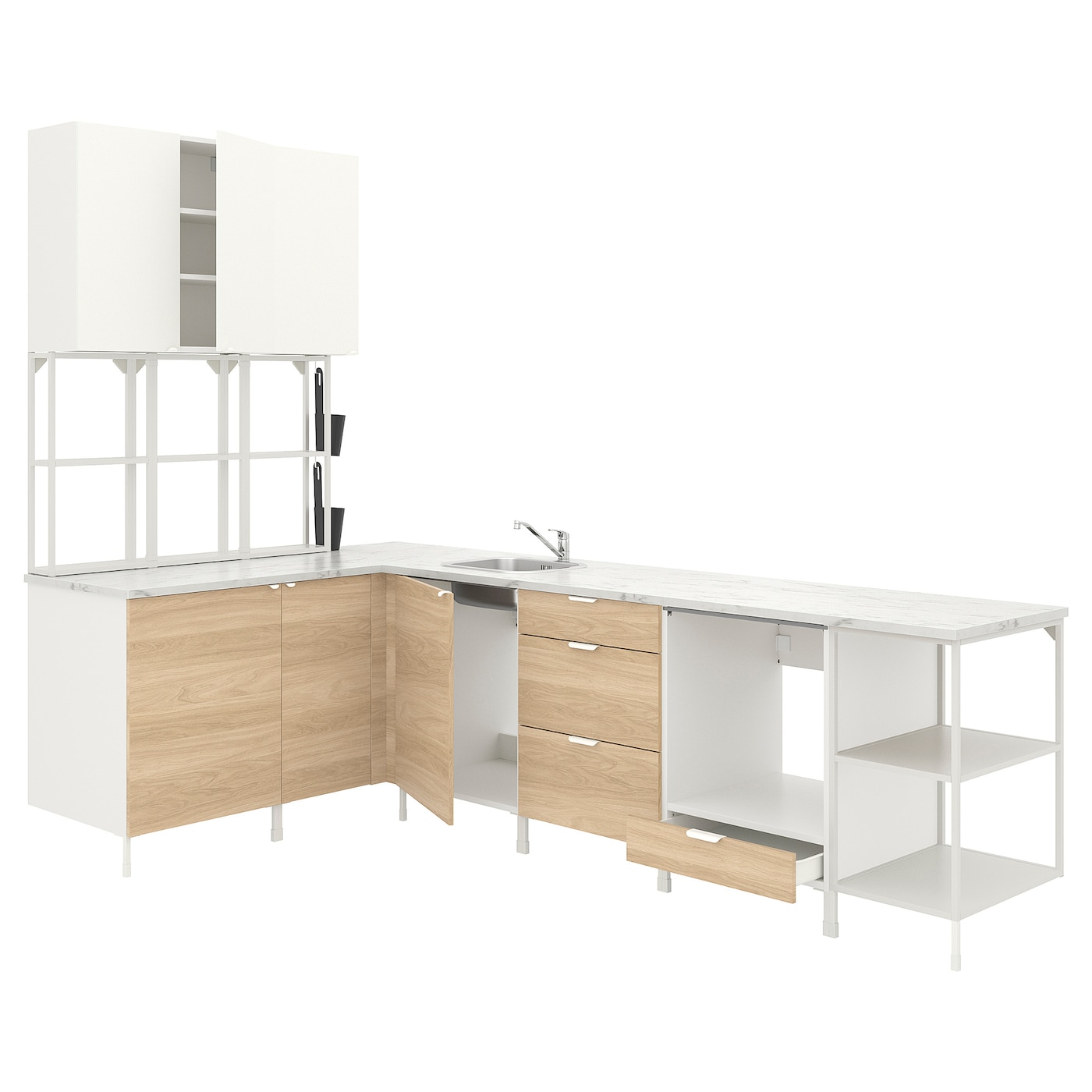 IKEA ENHET kuchnia narożna, biały/imit. dębu biały, Wysokość szafka wisząca: 150 cm