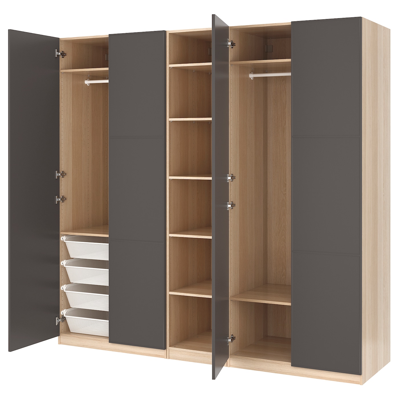 IKEA PAX / MERÅKER szafa, imitacja dębu bejcowanego na biało/ciemnoszary, 250x60x236 cm