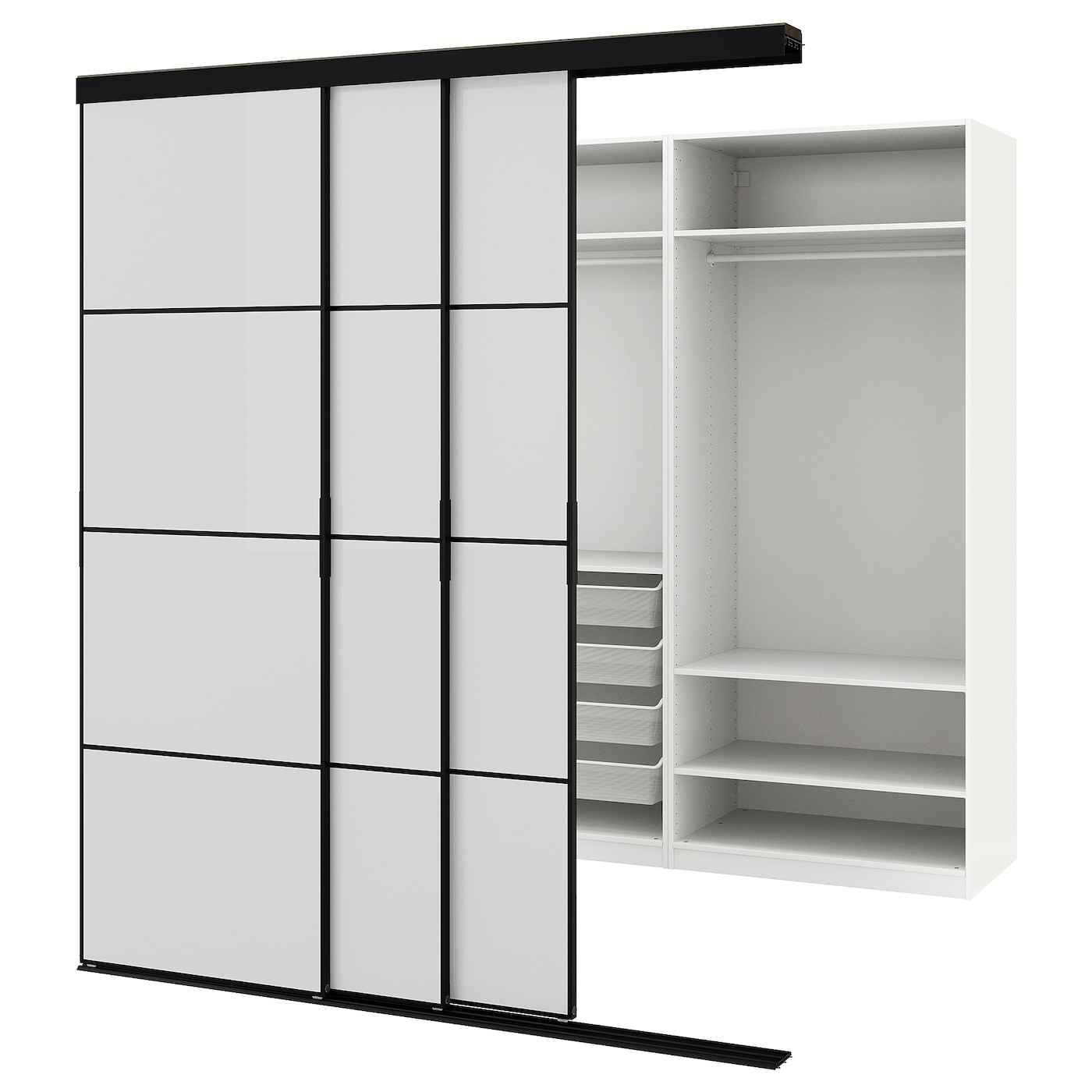 IKEA SKYTTA / PAX garderoba z drzwiami przesuwnymi, czarny/Hokksund wysoki połysk jasnoszary, 226x160x240 cm