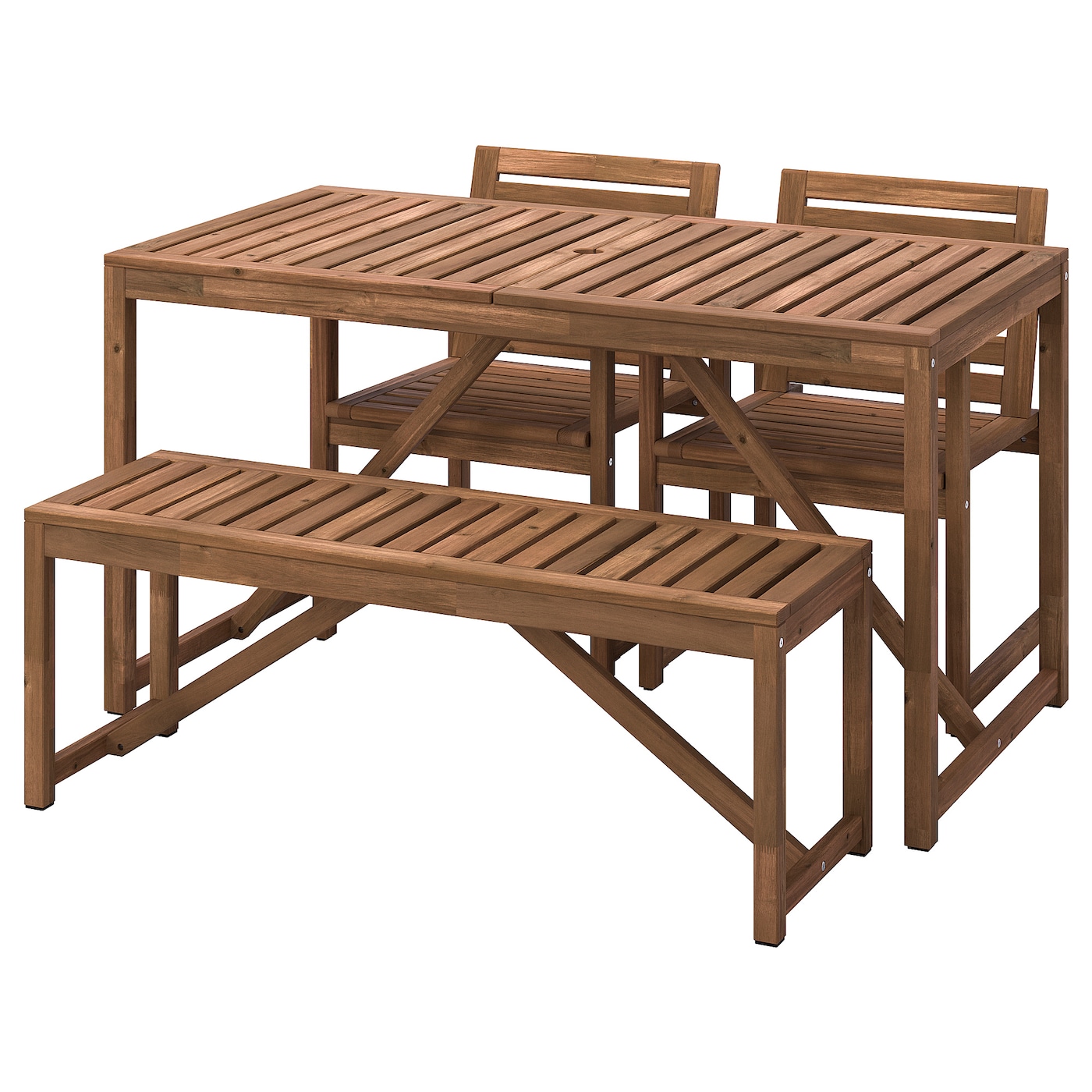 IKEA NÄMMARÖ stół+2 krzesła+ława, na zewnątrz, Nämmarö bejca jasnobrązowa, 140 cm