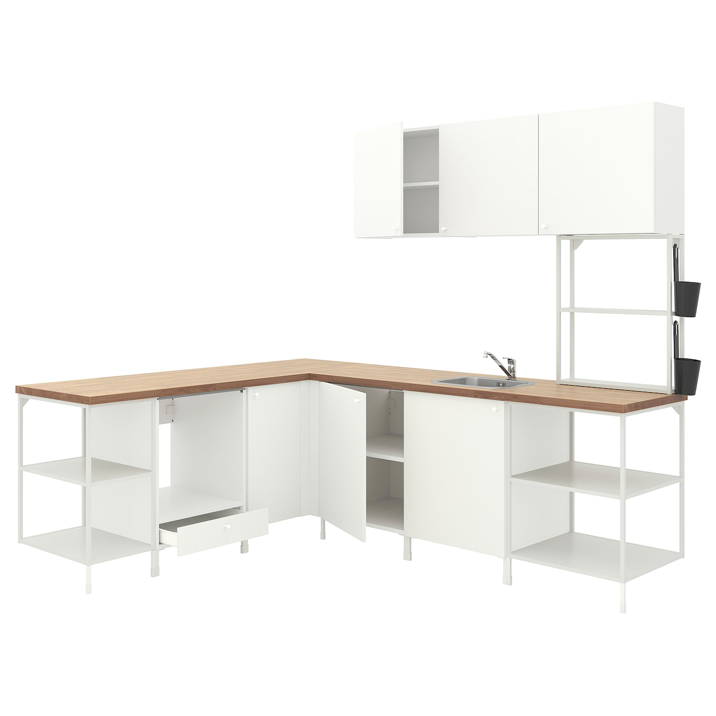 IKEA ENHET kuchnia narożna, biały, Wysokość szafka wisząca: 135 cm