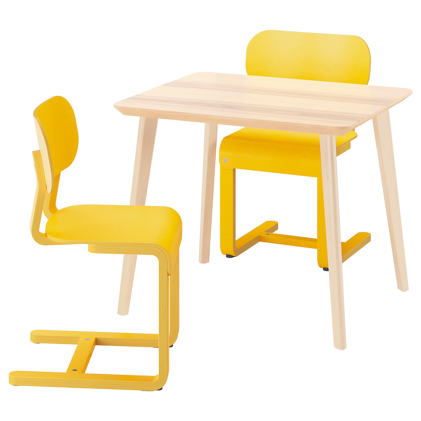 IKEA LISABO / LYCKAN stół i 2 krzesła, okleina jesionowa/żółty okl brzoz, 88x78 cm