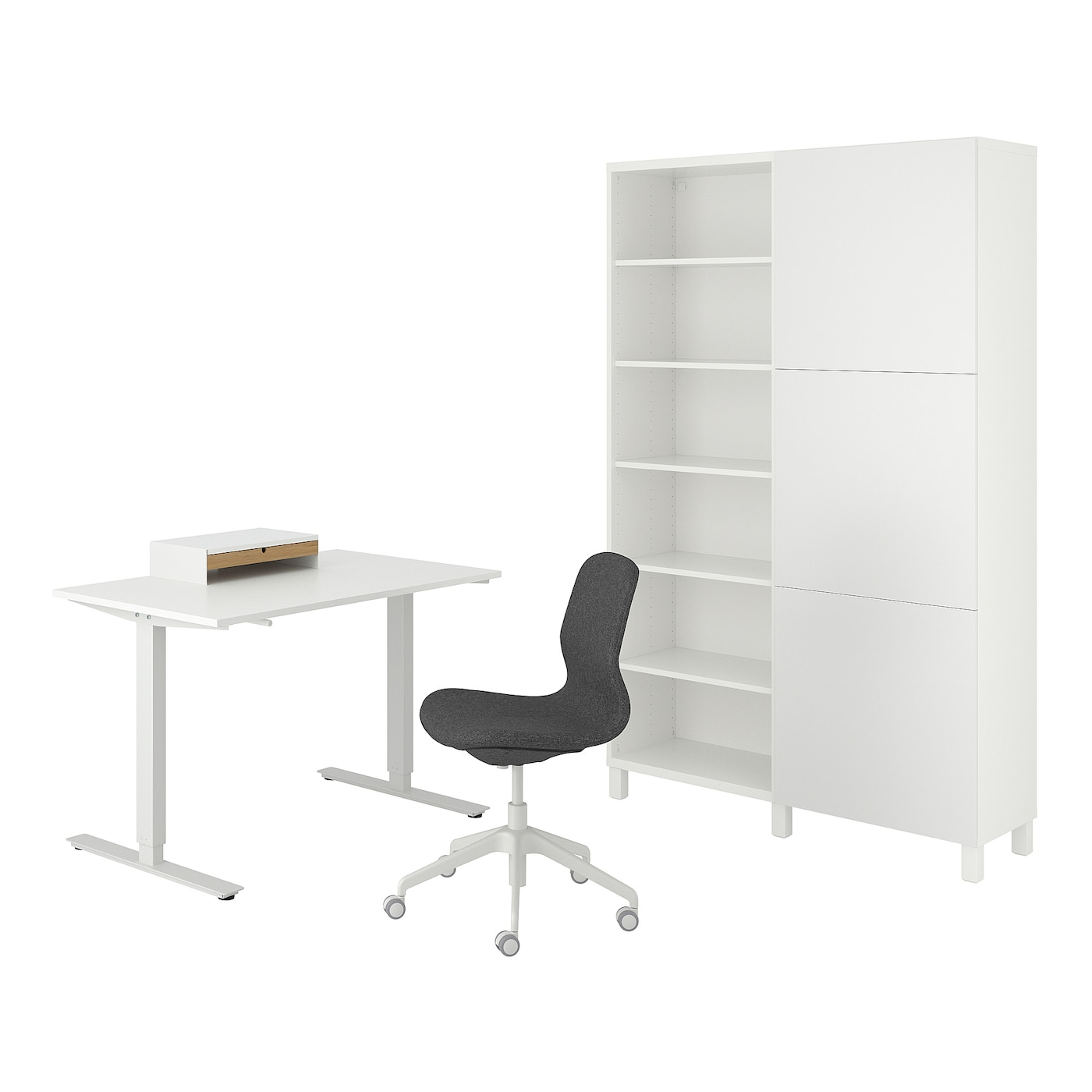 IKEA TROTTEN/LÅNGFJÄLL / BESTÅ/LAPPVIKEN kombinacja biurko/szafka, i krzesło obrotowe biały/szary