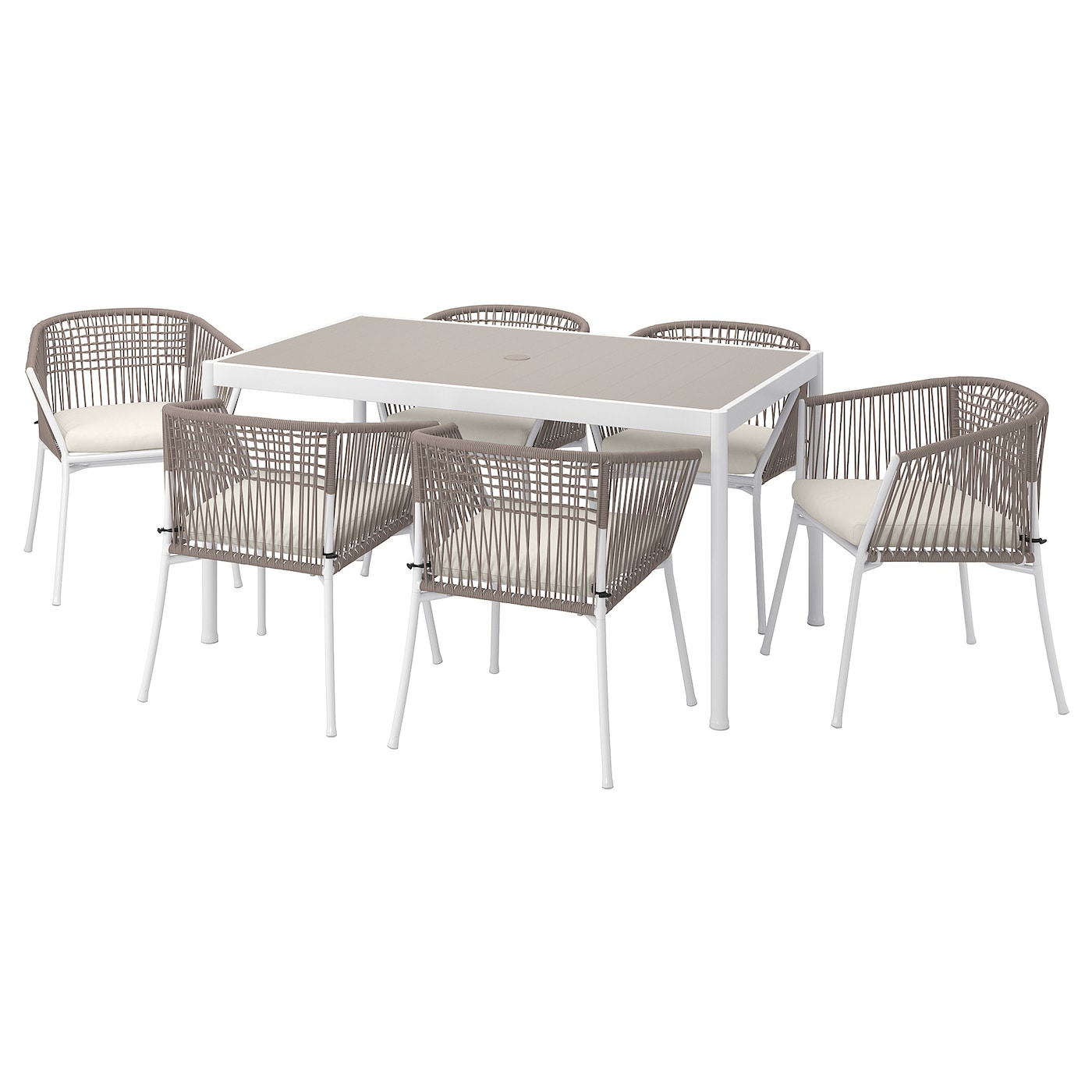 IKEA SEGERÖN stół+6 krzeseł z podłok, na zew, Segerön biały/beżowy/Frösön/Duvholmen beżowy, 147 cm