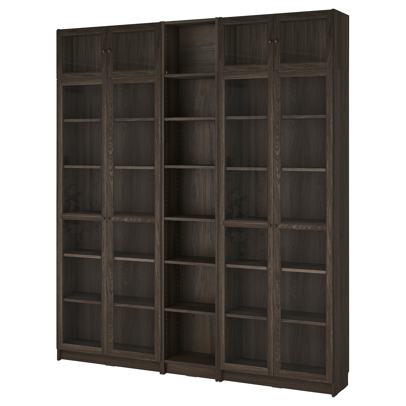 IKEA BILLY / OXBERG regał z drzwiami szkl/nadstawką, ciemnobrązowy imit. dębu, 200x30x237 cm