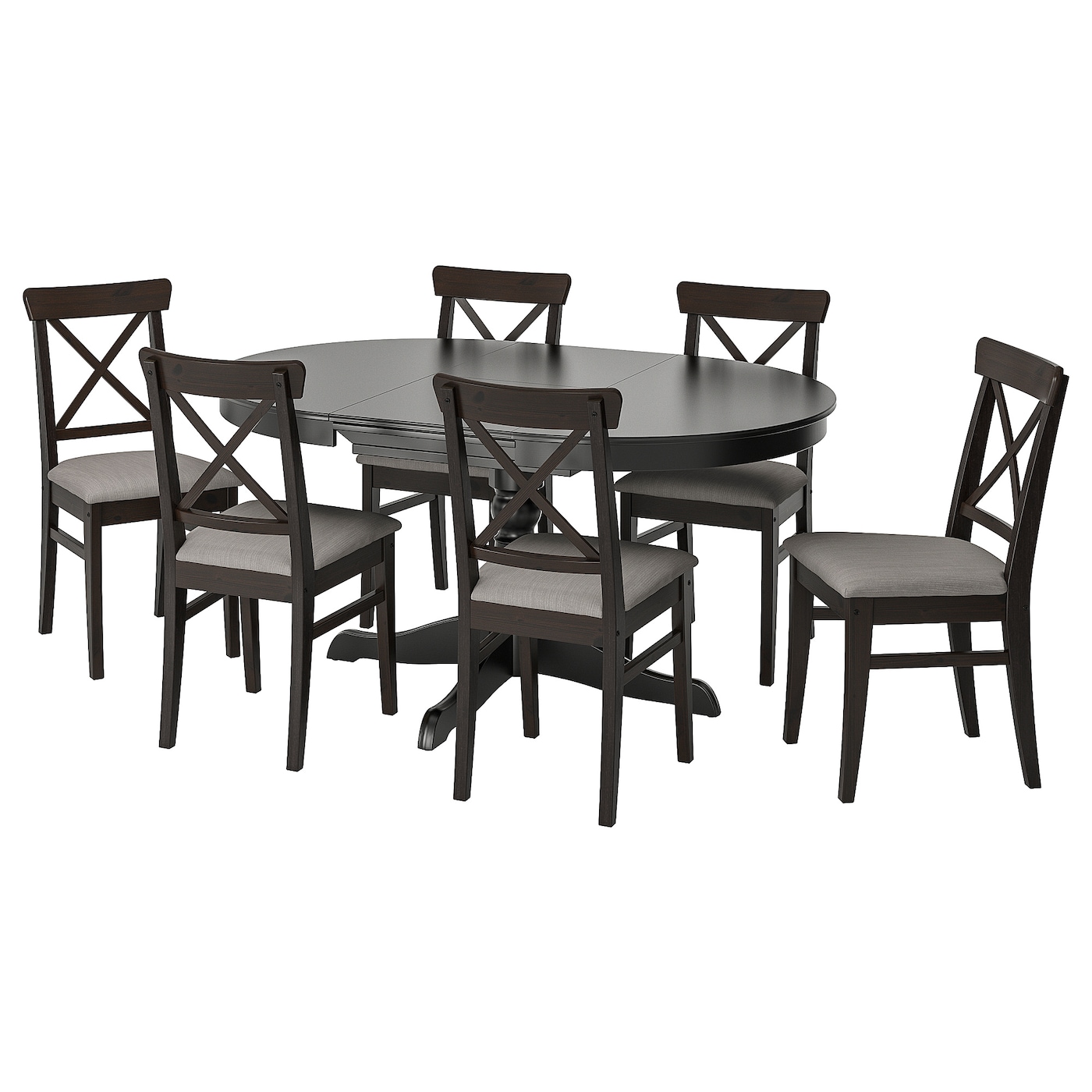 IKEA INGATORP / INGOLF stół i 6 krzeseł, czarny/Nolhaga szary/beż, 110/155 cm