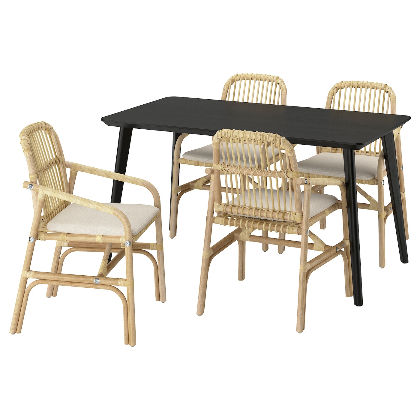 IKEA LISABO / SALNÖ stół + 4 krzesła z podłokietnikami, czarny rattan/Gransel naturalny, 140x78 cm