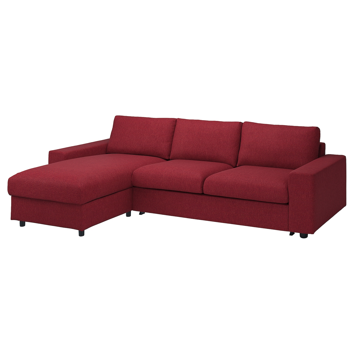 IKEA VIMLE 3-os sofa rozkładana z szezlongiem, z szerokimi podłokietnikami/Lejde czerwony/brązowy, Wysokość łóżka: 53 cm