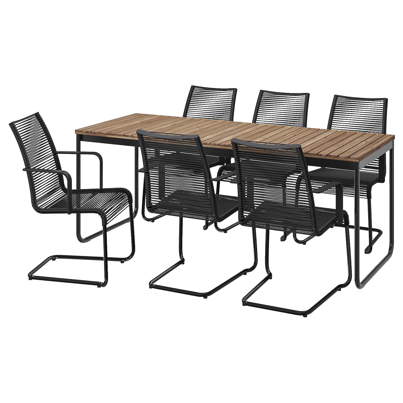 IKEA VÄSMAN / VÄSMAN stół+6 krzeseł z podłok, na zew, przedłużany bejca jasnobrązowa/czarny, 135x190/74 cm
