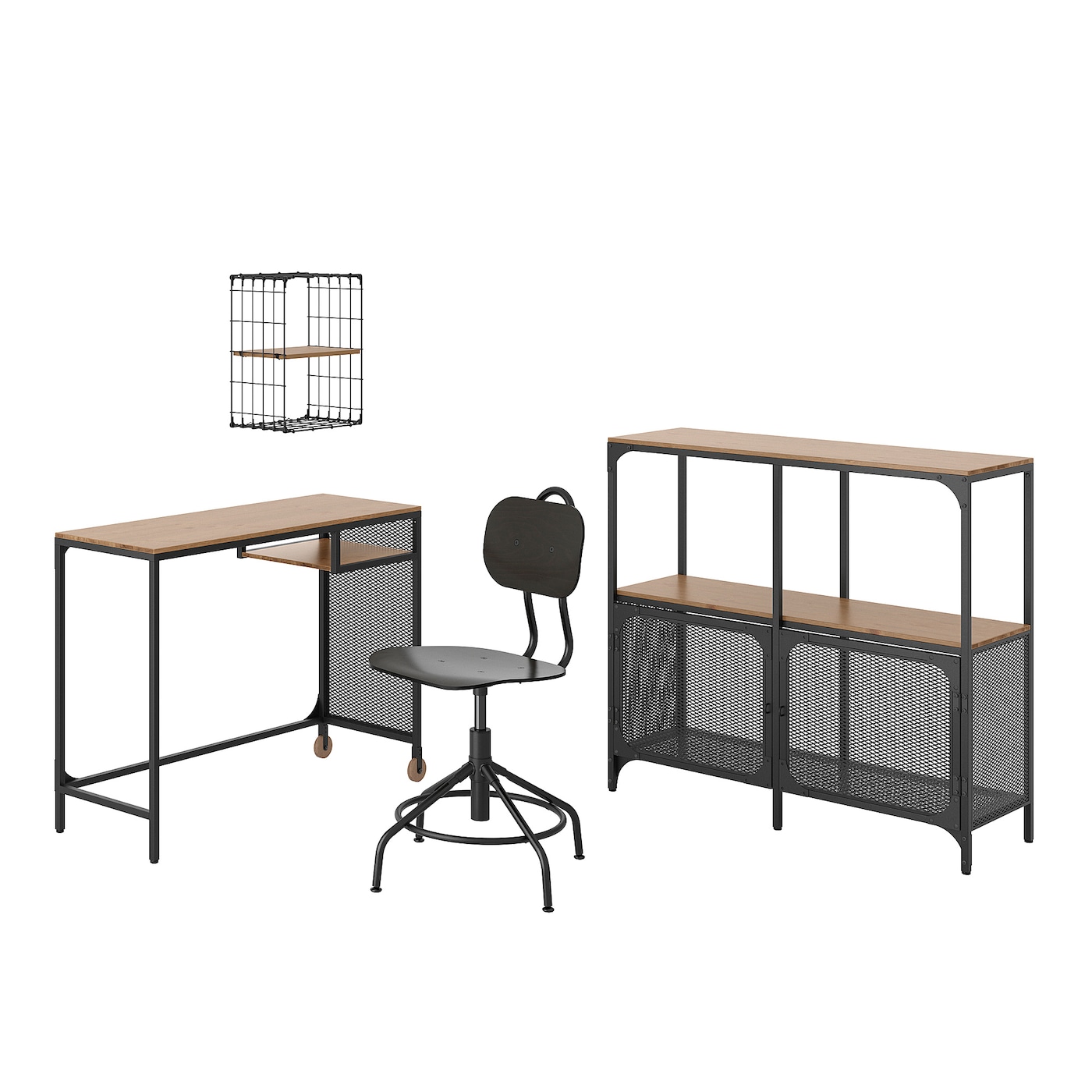 IKEA FJÄLLBO/KULLABERG / GULLHULT kombinacja biurko/szafka, i krzesło obrotowe czarny/sosna