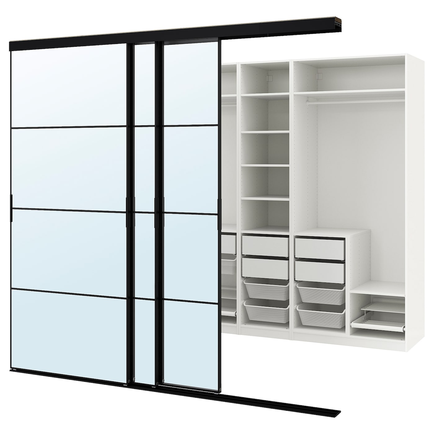 IKEA SKYTTA / PAX garderoba z drzwiami przesuwnymi, czarny/Auli lustro, 276x160x240 cm