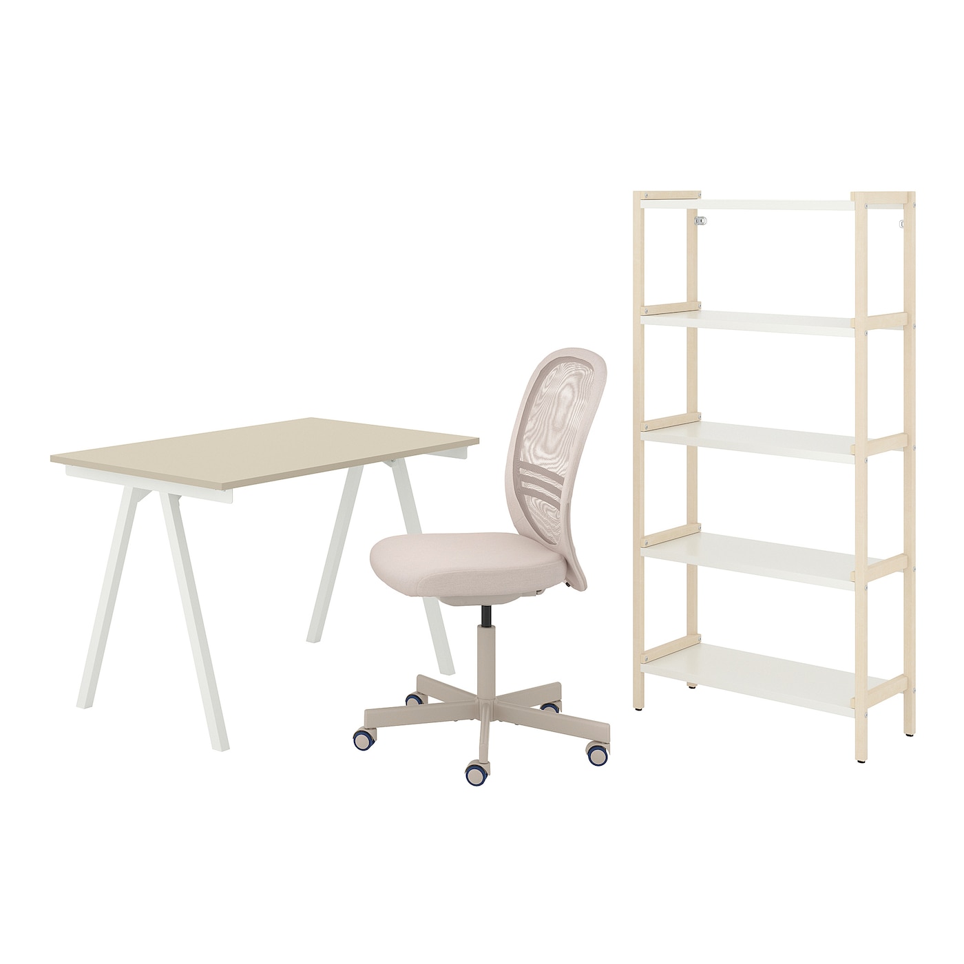 IKEA TROTTEN/FLINTAN / EKENABBEN kombinacja biurko/szafka, i krzesło obrotowe beżowy/biały