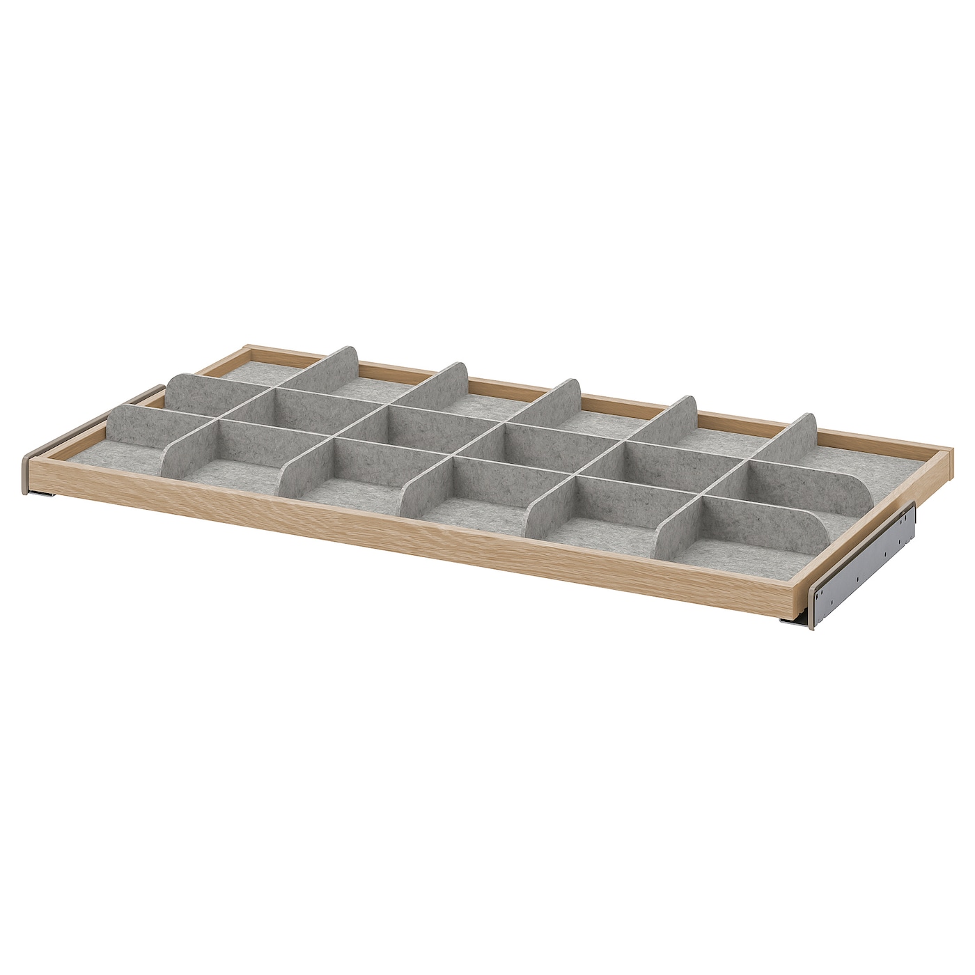 IKEA KOMPLEMENT wysuwana półka z przegrodą, imitacja dębu bejcowanego na biało/jasnoszary, 100x58 cm