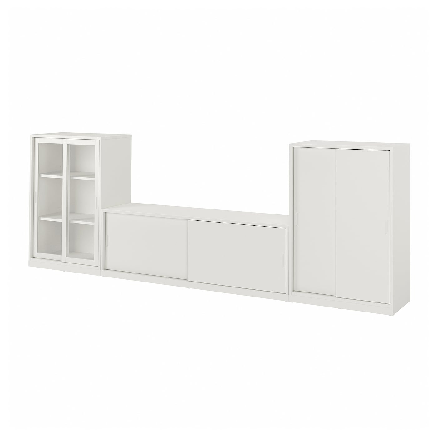 IKEA TONSTAD regał na TV z przesuwanymi drzwiami, kremowy/szkło bezbarwne, 339x37x116 cm