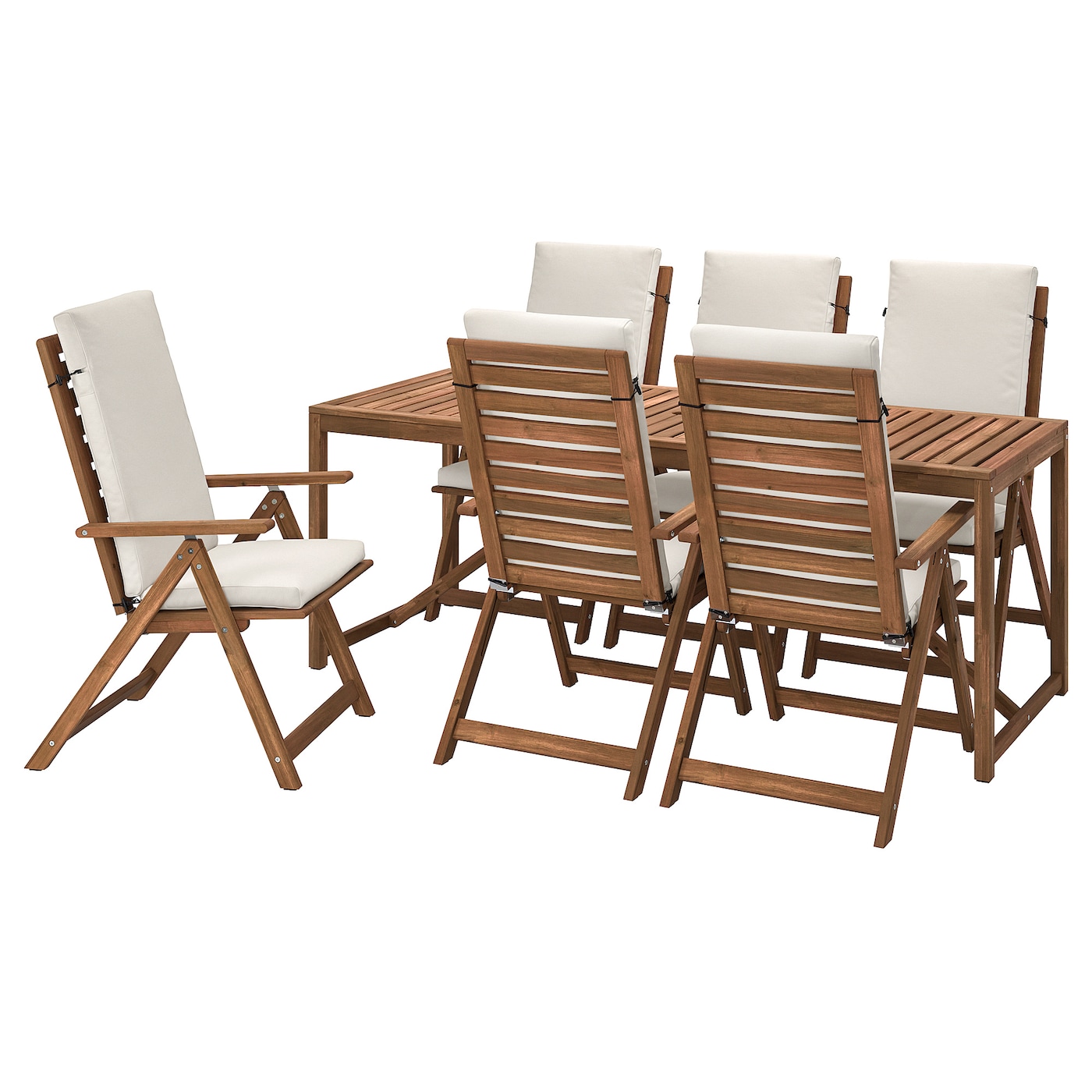 IKEA NÄMMARÖ stół+6 rozkł. krzeseł, na zewnątrz, Nämmarö bejca jasnobrązowa/Frösön/Duvholmen beżowy, Długość stołu: 200 cm